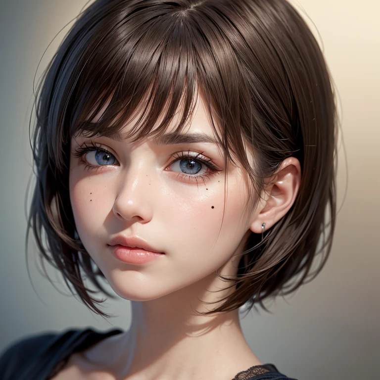(masterpiece、highest quality、photorealistic、High resolution、photograph、:1.3)、close up shot、sharp focus、one brunette girl、30 years old mature woman、small face、no makeup、、hot models、Highly detailed eyes and pupils、realな肌、slim body shape、 B Cup、、、wet hair、short cut hair、dark brown hair、delicate face、Sensual gaze、glossy lips、((Wearing a Henry shirt))、The background is、gray wall、((real、超real、realism、realなディテール))