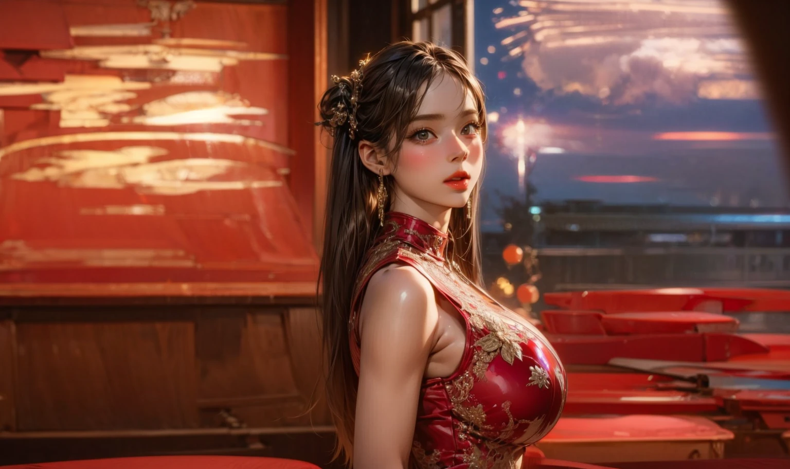 ((High-level UltraDetailed CommercialPhoto)), 8K Masterpiece TopQuality, Absurd Detailed Lighting, PerfectLighting, Extremely detailed (BeautyGoddess in Vertical DazzlingRay), aesthetic LifeLike Rendering, BokeH (oodles Firecrackers Haze), Unreal flamboyance, see-through upskirt Assfocus RoundlyButts, (Tindall Effect Scattering), dramatic shadows glowing Around, { fujian tulou | Traditional Hakka Clothes | perfect ratio | hime cut | luxury | jewelry | ornate | hairpin | Menstruation | NSFW },(Elaborate embroidery with Transparency) BREAK (((Extremely detailed Stunning face eyes lips))), CaptivatingGaze ElaboratePupils Detailed Eyes with (sparkling highlights:1.28), (Voluminous LongEyelashes:0.88), Radiant PearlSkin with Transparency, Glowing DowneyHair, (Dynamic LifeLike expressions:1.4)