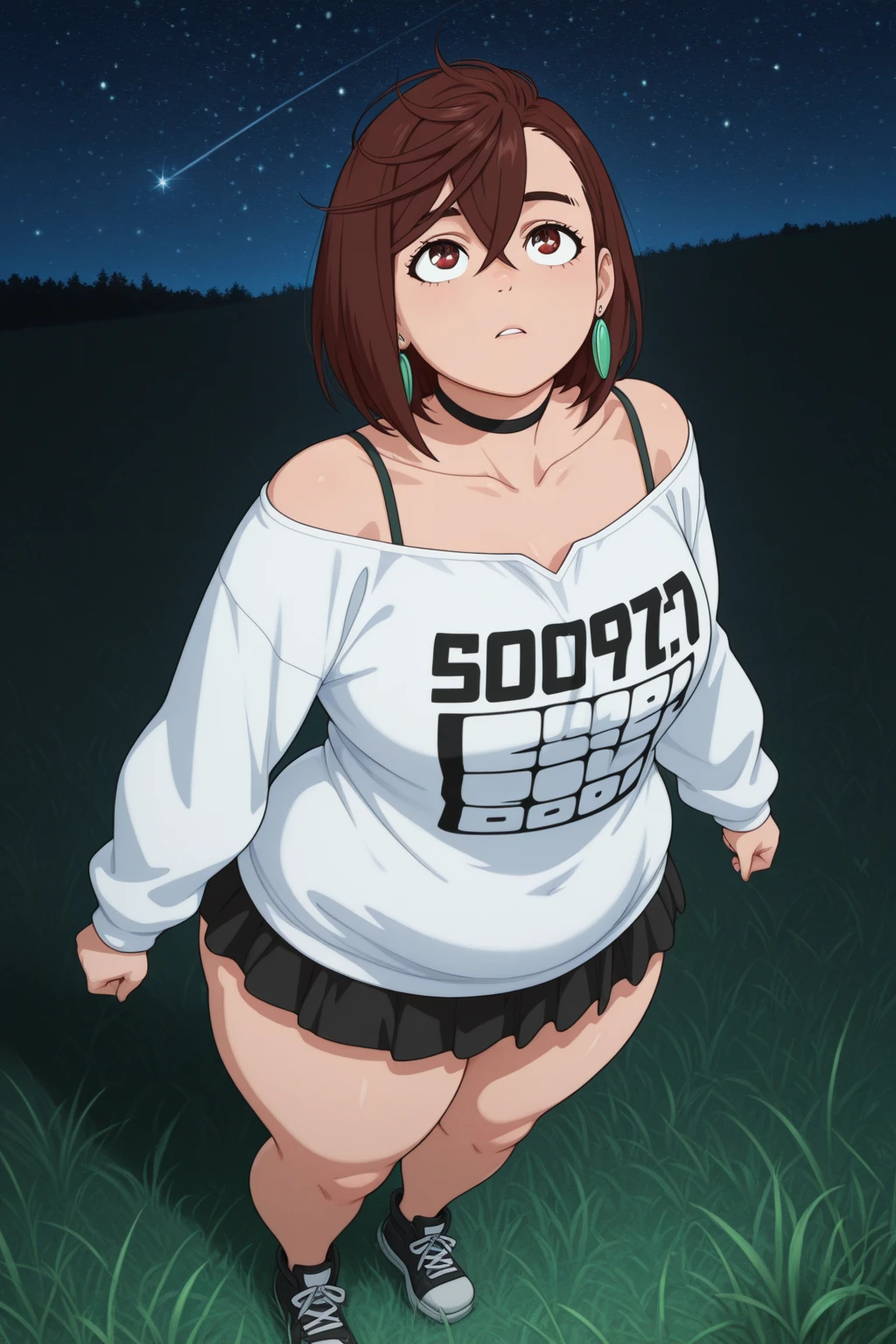 ochakouraraka, ochako uraraka, (brown eyes:1.5), brown hair, short hair, blush, blush, big tits, deep cleavage, bare tummy, slim waist, thick thighs, big butt, shy, angry, miniskirt, crop tshirt, kneeling, side slit, U.A., indoors, classroom, looking at viewer