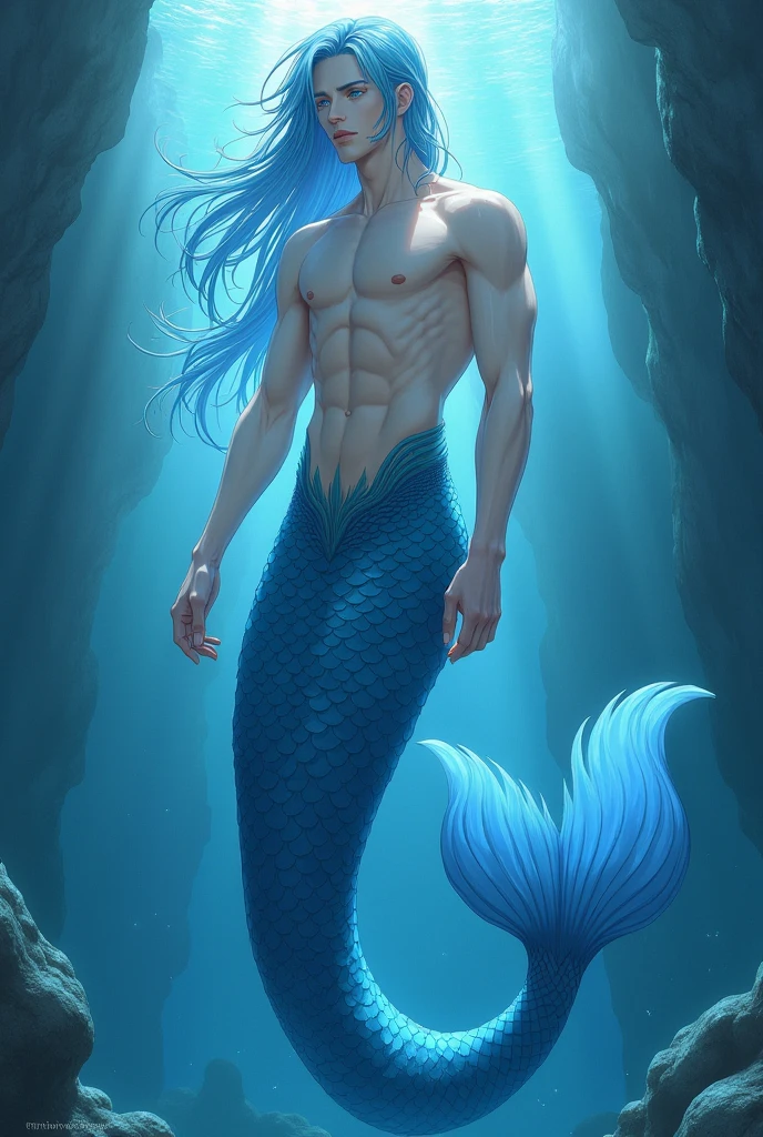 Homme-poisson, musclée et beau, avec des nageoires sur tout son corps, avec des écailles blanche nacrés, Oreilles d'elf , nageoire caudale et dorsale visible, avec des jambes,
