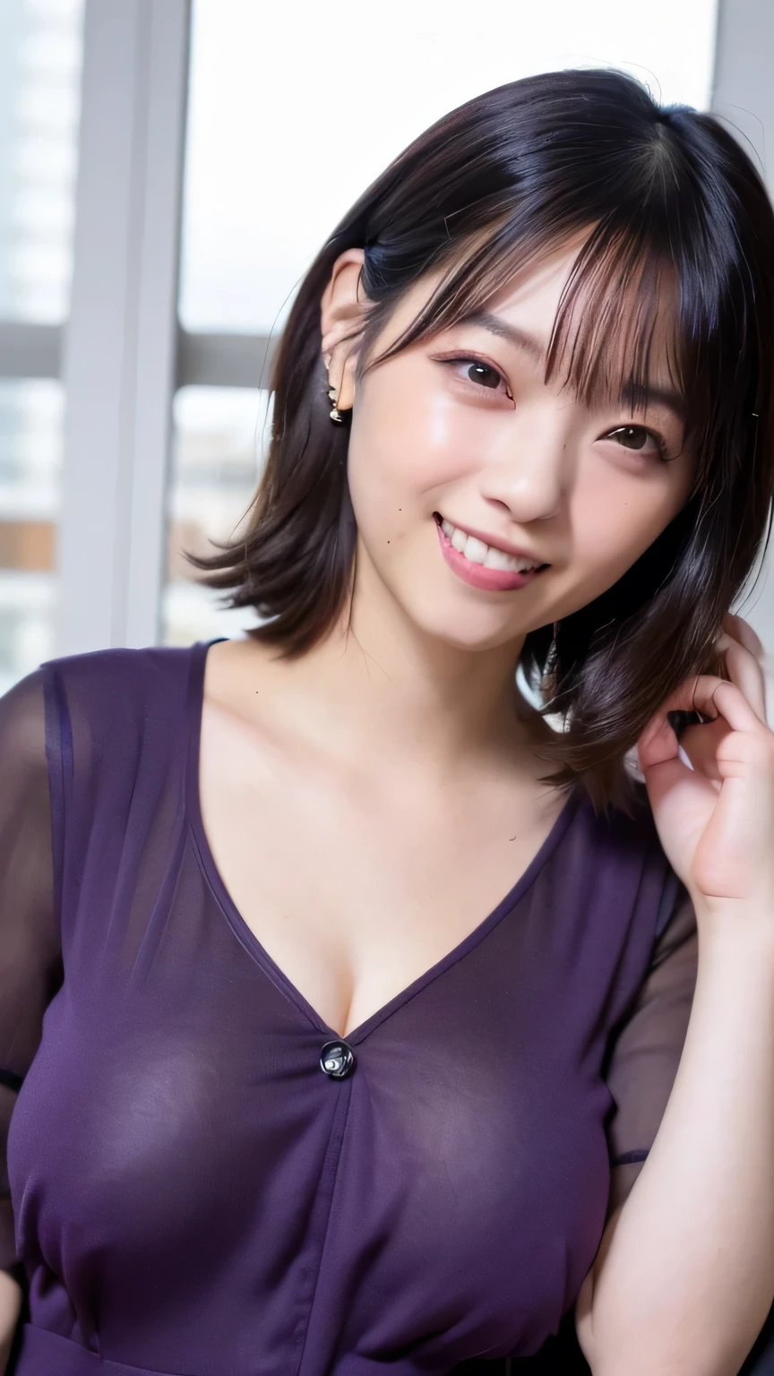 (a beautiful woman, age 33, outdoor morning dawn, wearing a purple see-through dress, White Daisy hair accessories, short disheveled hair, super definition face, fine eyes with double eyelids, dimpled kind smile, beautiful lips, fair skin, super cute and soft face, brown hair, soft toned body, ample round bosom, 8k resolution, super realistic, super definition, highest definition, masterpiece, bokeh_background, SFW)