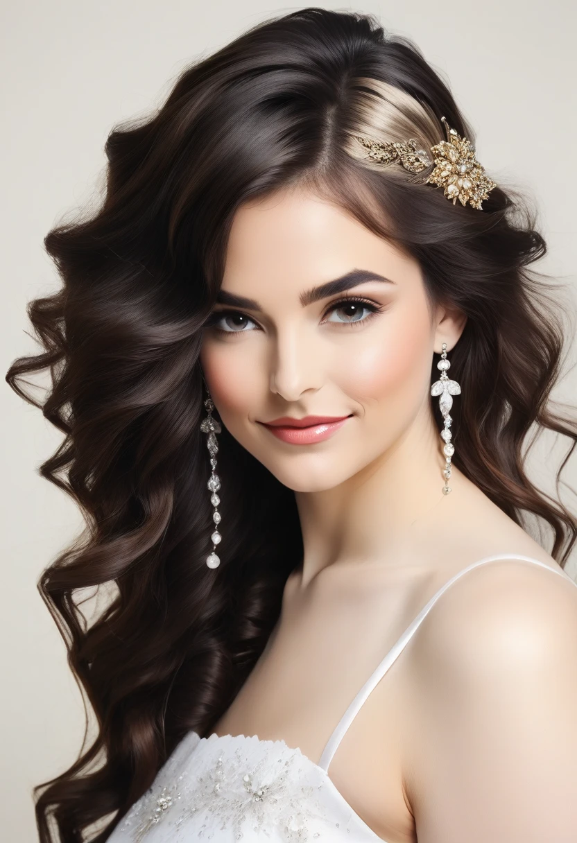 ((Inspired by Megan Hess)),A beautiful woman in high fashion，Elegant and elegant posture，Movie-like lighting，Realistic details，Luxurious fashion，Fashion magazine cover，A dramatic and melancholic palette，Radiant Skin，Flowing long hair，Charming eyes，Chiseled Makeup，Charming and chic，editing style，Award-winning photos