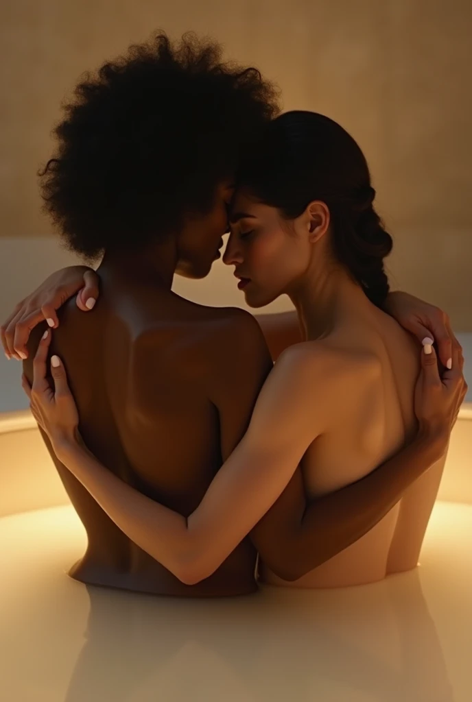 Two african girls standing in a large kitchen, bikini, smiling, hugging, kissing, (lesbian kiss), from below, from behind, masterpiece, 16k