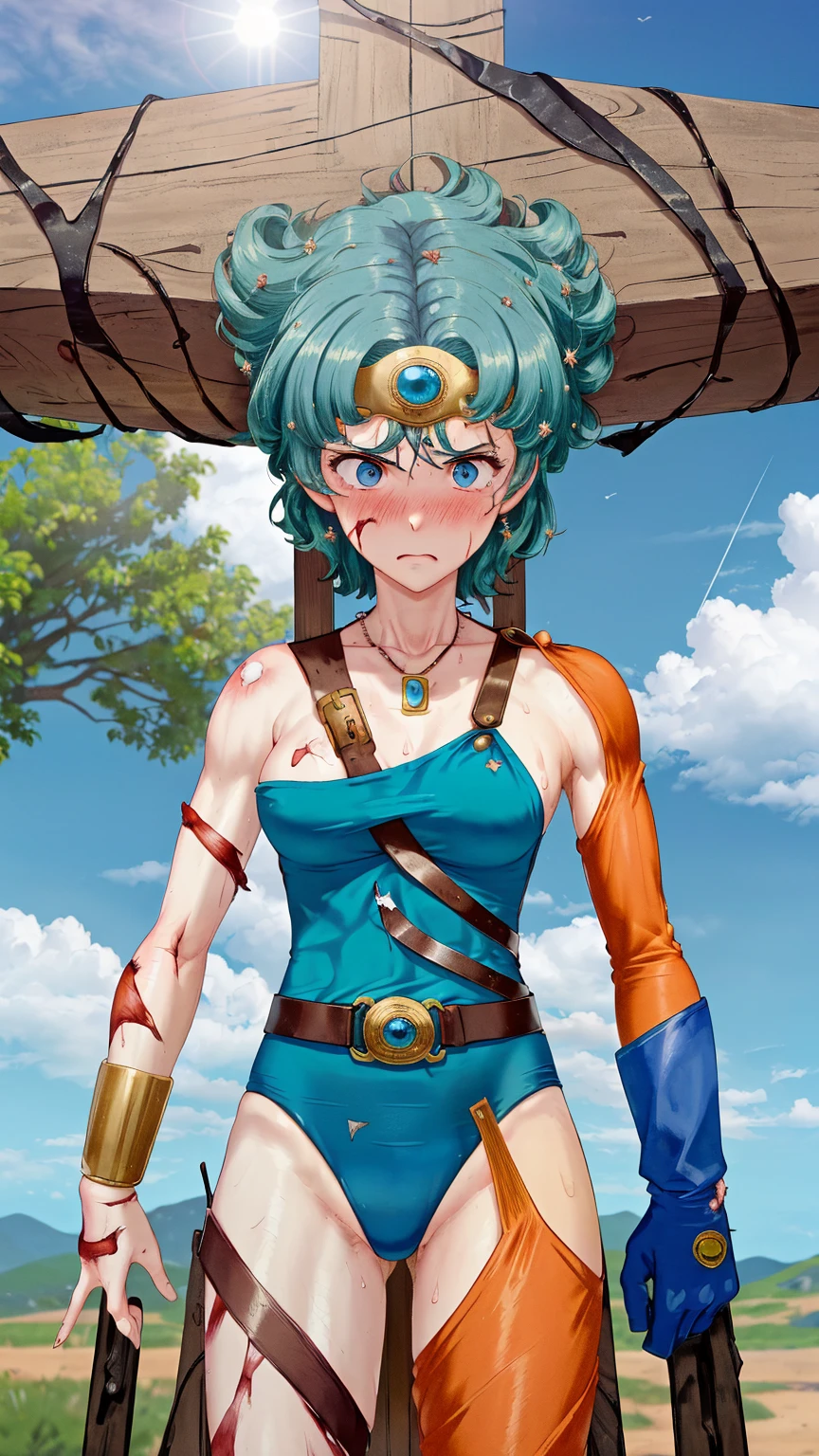 (((SFW、sound、Highest quality、Top notch work、Normal body、、Detailed face、Ultra-precision、Normal hand、のrefer、5refer、Highest)))、beautiful girl、Green Hair、yamato nadeshiko、Small breasts、Shortcuts、Blue leotard、Muscular、Red Cape、Circlet、Dragon Quest、Female Heroes、 Fight、Fight準備完了、 (((Holding both knees、Sit on the ground:1.5)))、((Executed perfectly:Frame yourself from head to toe,Standing posture,Draws in great detail、There is no anatomical problem))、forest
