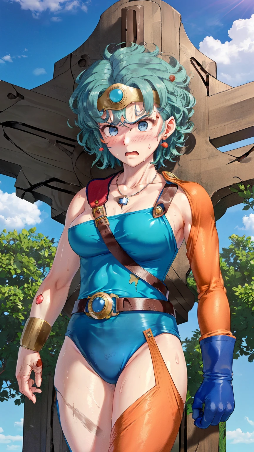 （（（ＳＦＷ、sound、Highest quality、Top notch work、Normal body、、Detailed face、Ultra-precision、Normal hand、のrefer、５refer、Highest）））、beautiful girl、Green Hair、yamato nadeshiko、Small breasts、Shortcuts、Blue leotard、Muscular、Red Cape、Circlet、Dragon Quest、Female Heroes、 Fight、Fight準備完了、((Executed perfectly:Frame yourself from head to toe,Standing posture,Draws in great detail、There is no anatomical problem))、(((A snowy grassland)))、(((Snowstorm:1.5)))、(((Having a snowball fight、Shivering from the cold:1.4)))
