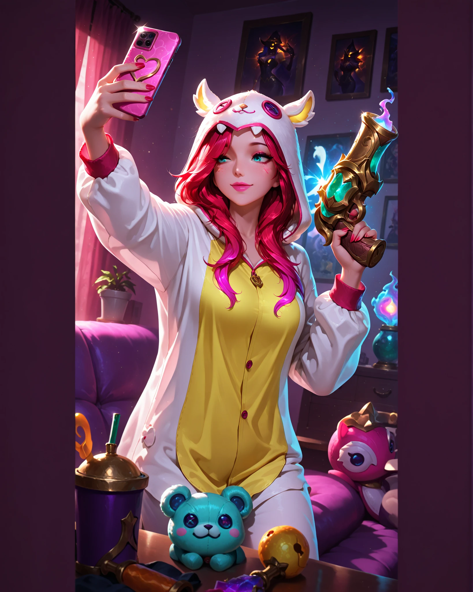 Masterpiece, ultra detailed, 4k resolution, cinematic lighting, dynamic angle, perfect anatomy, natural proportions, expressive faces, realistic shading, smooth ambient occlusion, Miss Fortune from the game League of Legends wearing her guardian skin in pajamas, a white kigurumi with yellow and red details and a cute little monster in a hood, taking a selfie and with the other holding a stuffed pistol, winking and smiling, in a room with many references to geek/pop culture and especially to the game League of Legends, warm colors, bright color strokes, perfect lighting