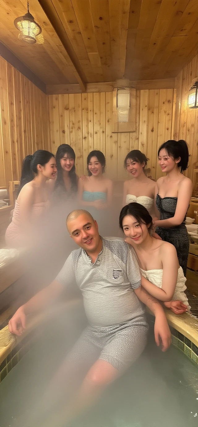1girl, 18-year-old girl, (hot spring:1.5), (Soak up to your chest in hot water:1.5), It's snowing, rodo, (old worker), retired, ( surrounded by old men:1.5), (multiple old mans:1.5), Very embarrassed, blush, No correction, parted lips, Random hairstyle, Random breasts, Japanese Beauty, (All the old people are naked:1.7), Lots of steam, Very young face, Troubled laughter, close-up, cowboy shot