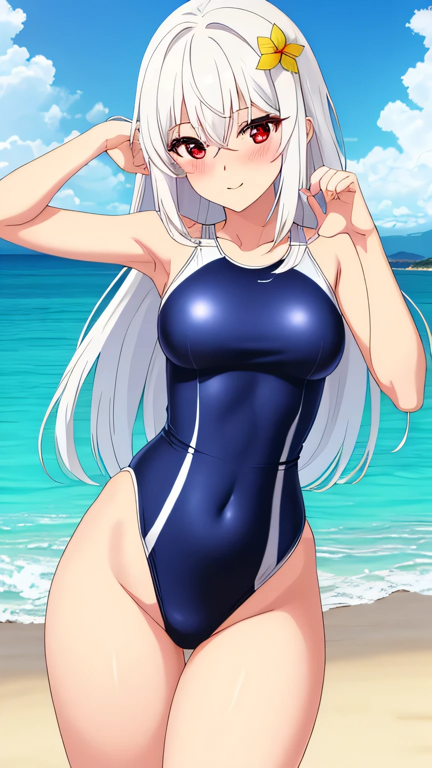 an anime girl、beautiful a girl、Cute little girl s、middle school girl、solo、girl wearing a swimsuit、girl with very long white hair、rating:safe、onepiece swimsuit、 Anime girl wearing a white and purple tank suit、 White and purple high-leg racing swimwear、Two-tone high-leg racing swimsuit、huge tit、Woman with very large breasts、garments:High-cut swimwear、shiny、purple eyed girl、shiny_clothes、grey_background、Swimsuit for swimming competitions、girl with half up hair、open_mouth、shiny_skin、covered_navel、cowboy_shot、smile、thigh_gap、shiny_hair、Competitive swimsuit、High Leg Racing Swimwear、looking_at_viewer、;d、simple_background、collarbone、Flyback、blush、Anime girl standing、earrings、Bare shoulders、bare legs、Bare arms、The best girls in anime、artwork in the style of guweiz、Detailed Digital Anime Art、perfectly shaded body、realistic anime 3 d style、beautiful attractive anime girl、realistic anime art style、realistic shaded perfect body、