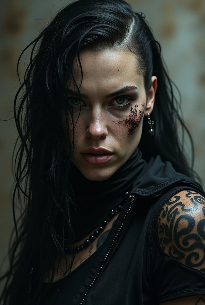 Portrait of a Dynamic Warrior on a Dark Beach:
"Create a realistic portrait of a young woman, around 2, with an intense, stern gaze and black, wind-swept hair. She is wearing a torn black sleeveless shirt and leather pants, with her skin adorned with detailed tattoos that depict symbols of strength and endurance. Her face has a few streaks of blood or makeup, adding a tough, imposing expression. In the background, there is a dark beach with roaring waves crashing against the shore, and the sky is gray and stormy, creating a sense of danger and tension. The texture of the image should be realistic, with emphasis on the details of the skin, hair, and environment."