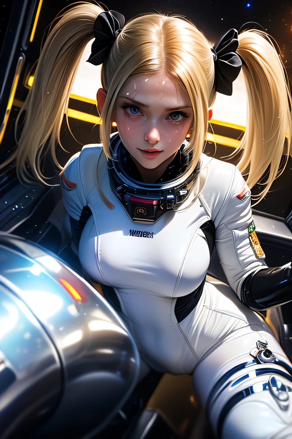 (Superflat, Flat Shading, flat-colors:1.1)、(Magazine Cover)、Illustrations、(two girls)、(cute little:1.2)、very beautiful 20 year old cartoon girl、(High Detail Skin: 1.2)、photorealistic anime girl render、realistic anime 3 d style、Strong highlights of the eyes、(((White spacesuit)、(a blond):1.5、(Futuristic, tight-fitting bodysuit)、head phone、Cyberpunk futuristic city background、masterpiece、top-quality、))Perfect ???????、((Futuristic tight-fitting space suit、high performance space suit))、((head phone))、Spacesuit Boots、Spacesuit Gloves、(support)、Inside the space station、Volumetric lighting、Soft light、Vibrant colors、watercolor paiting、