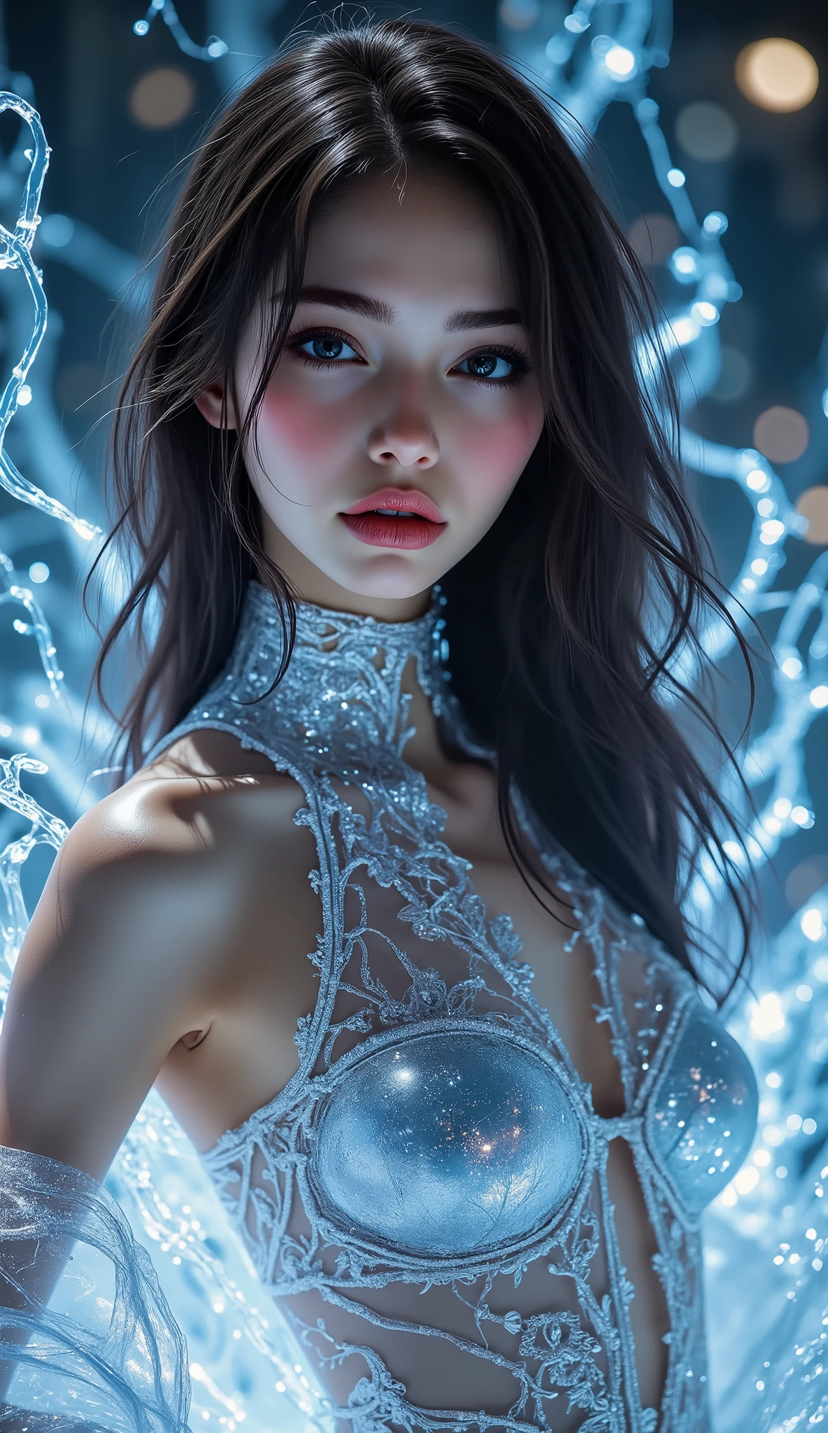 Crystal glass Bible's real girl entity, all crystal glass, crystal glass skin, curly hair brunnete girl, blue and yellow shades only artwork