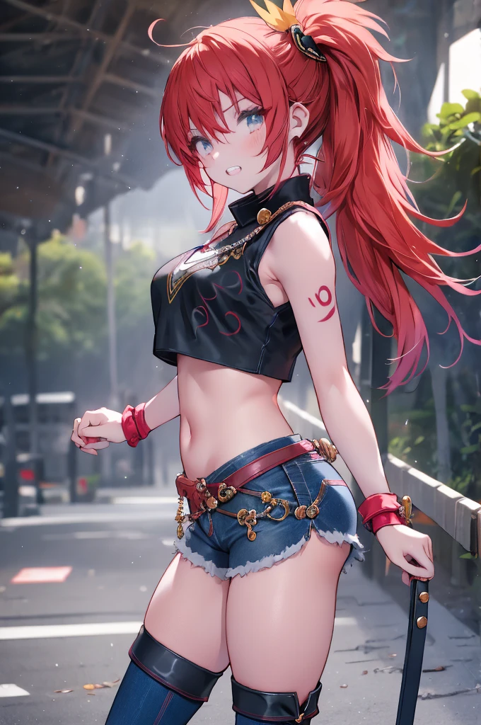 ((Highest quality)), ((masterpiece)), ((detailed)), 4K, nsfw, 1girl, 独奏, red hair, long hair, side ponytail, large breasts, sports bra, torn bike shorts, pussy, sweat, rain, wet, blush, angry, aroused, stand, open legs, looking at viewer, (from below), (looking down)