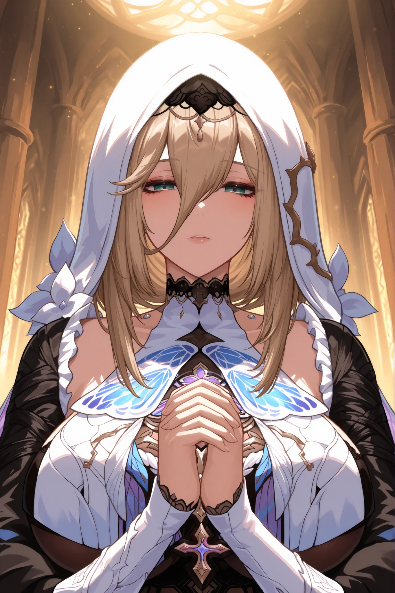 ((apenas)), (aponia :1.2), Aquecer, Aponia saying a prayer, Linda mulher, cabelo dourado , cabelo longo, cabelo desgrenhado, sidelocks, levado, olhos azuis , olhos brilhantes, seios grandes, upper body, ao ar livre, Mundo honkai impact, ridiculous masterpiece, cor quente, alto contraste, It's an extremely absurd scenario inside a temple.
