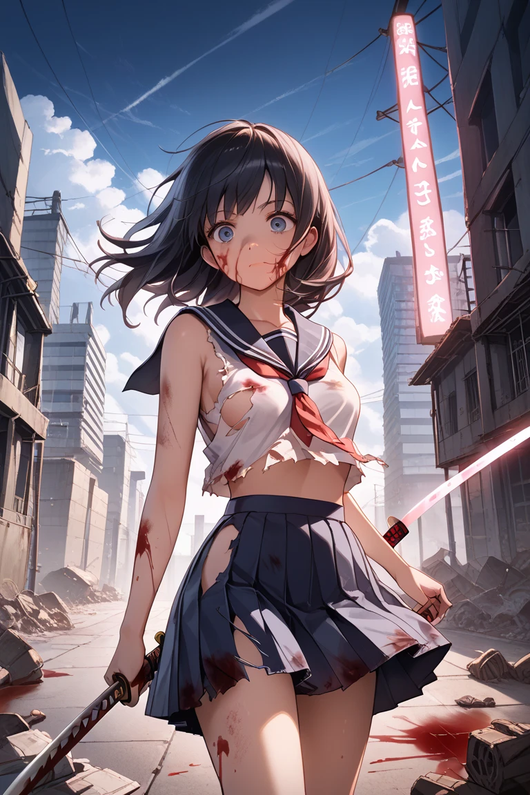 A woman fighting multiple zombies jumping at her、(((masterpiece, highest quality:1.3,absurdres))),cowboy shot,18 year old beauty,solo,((very small head:1.4)),ponytail hair style,long hair,blunt bangs,black hair,glay eyes,Serious expression,blush,medium breasts,((very long body,slender body)),skinny,gleaming skin,shiny skin, ,(High leg white leotard)、(Short sleeve、Navy blue sailor collar、Red neckerchief、white_thighhighs), ,Kill a zombie with a samurai sword slash、Abandoned Factory、at night、