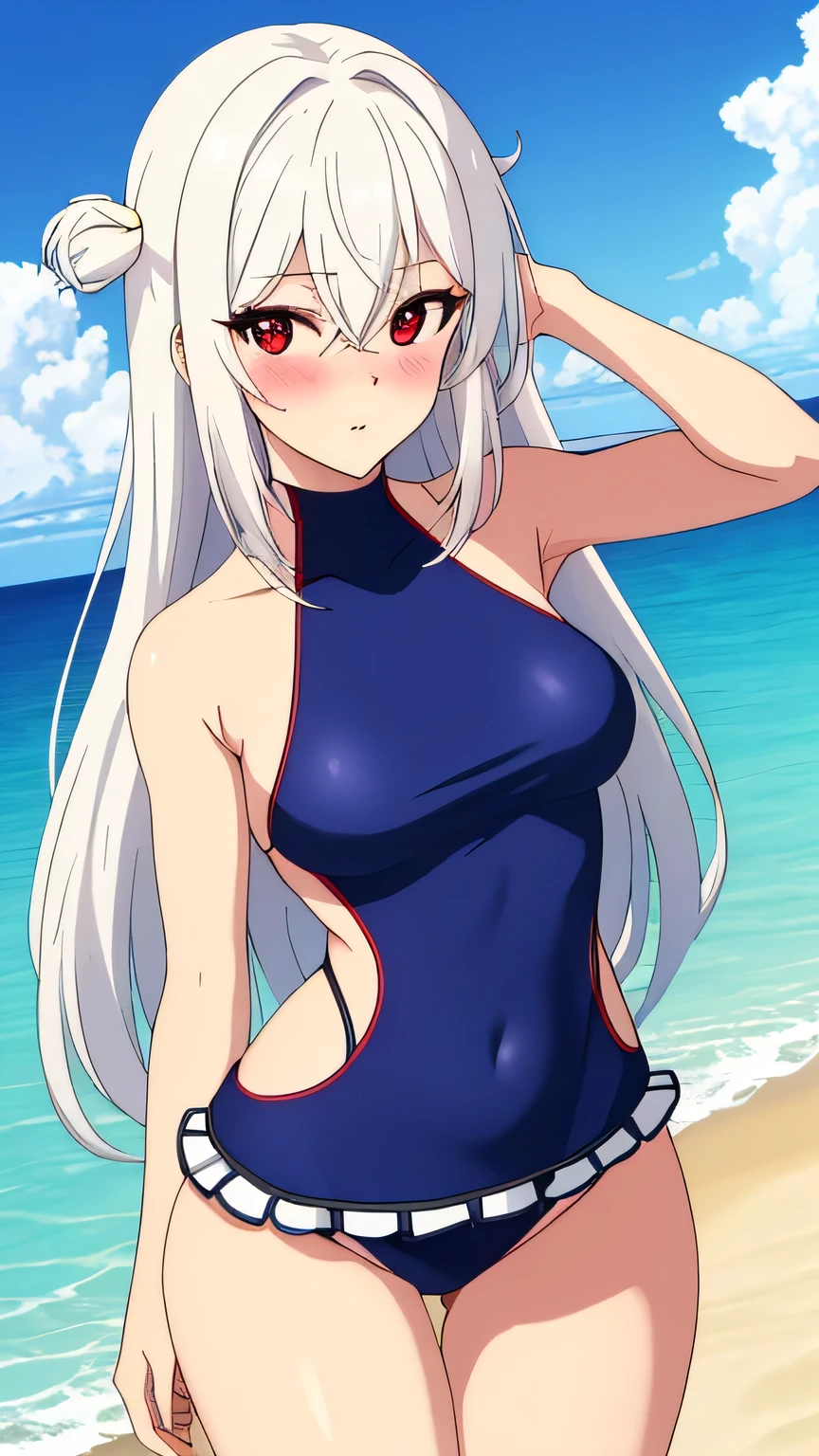 masterpiece, best quality, high-res, full body, silver-haired young girl, blue, eyes, long hair, beautiful body and face, white bikini, sitting on the white sand, red skirt, beach, book, red scarf, ball, sand castle, innocent smile, stable diffusion v5, dynamic, image enhance, dream shape, vibrant, realistic face, 8k quality, upscale, sharp focus, Anime artstyle