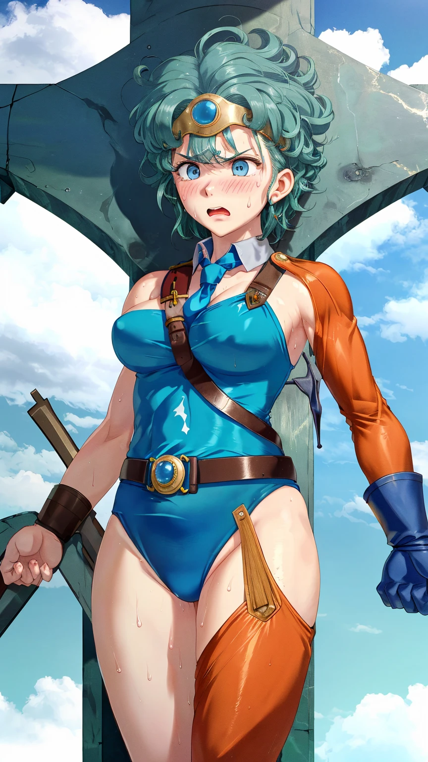 (((SFW、sound、Highest quality、Top notch work、Normal body、、Detailed face、Ultra-precision、Normal hand、のrefer、5refer、Highest)))、beautiful girl、Green Hair、yamato nadeshiko、Small breasts、Shortcuts、Blue leotard、Muscular、Black paleo skirt、Red Cape、Circlet、Dragon Quest、Female Heroes、 Fight、Fight準備完了、Sweep with a sword、Please put your hands together in front of you.、Place your hands behind your back、Please put your hands on your hips、cover your chest with your hands、((Executed perfectly:Frame yourself from head to toe,Standing posture,Draws in great detail、There is no anatomical problem))、grassland、Depicted from the buttocks and back