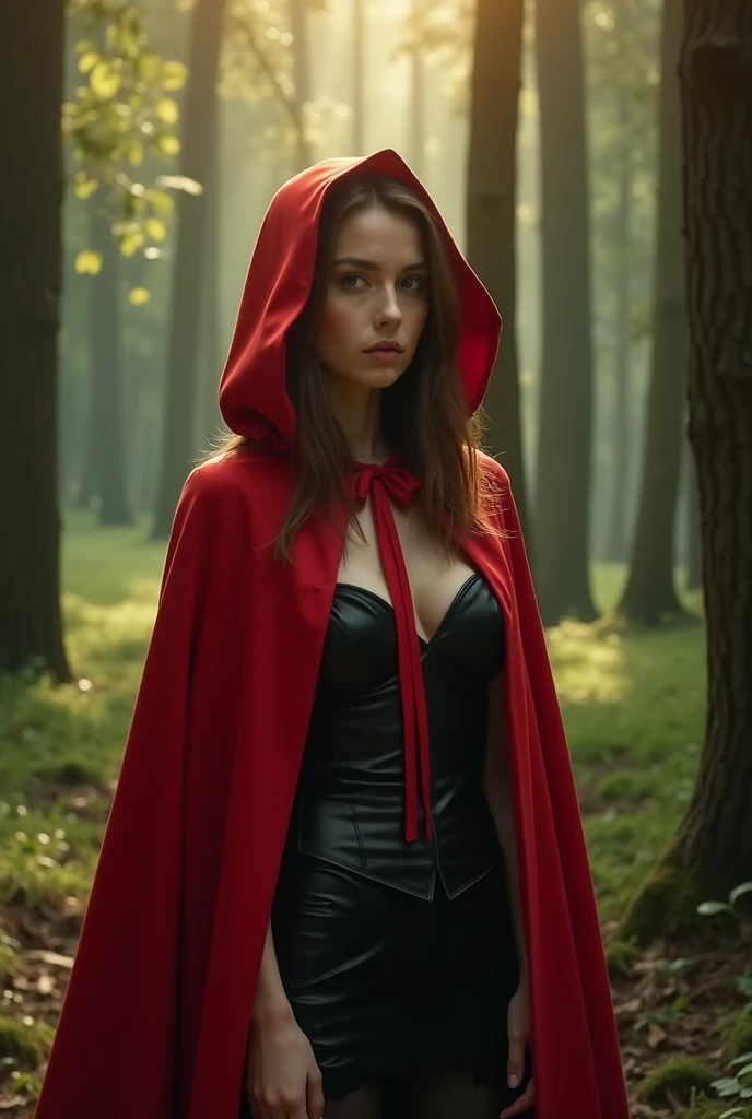 Anna Kendrick as an extremely sexy red riding hood, in red jedi cosplay, subtle makeup, golden hour, photorealistic, high contrast, 8k HD, detailed, hyper-detailed, realistic skin texture, covered with red hood, big breast, best quality, ultra high res, raw photo, dramatic lighting, unreal engine, diffuse glow, intricate red hood, outdoor, realistic detailed dark forest, holding a blue light saber