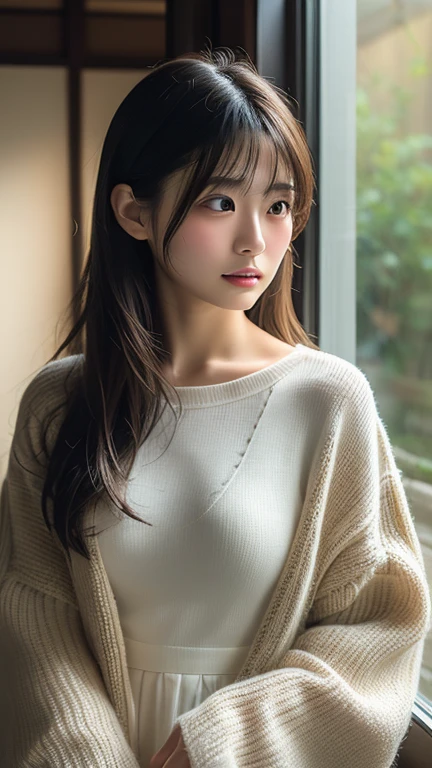 (8k、RAW Photography、top-quality、​masterpiece:1.2)、(realisitic、Photorealsitic:1.37)、ultra-detailliert、超A high resolution、女の子1人、see the beholder、beautifull detailed face、a smile、Constriction、(slim waist) :1.3)、The shirt、Beautiful detailed skin、Skin texture、floated hair、profetional lighting、Knitted sweaters、Ponytail hair