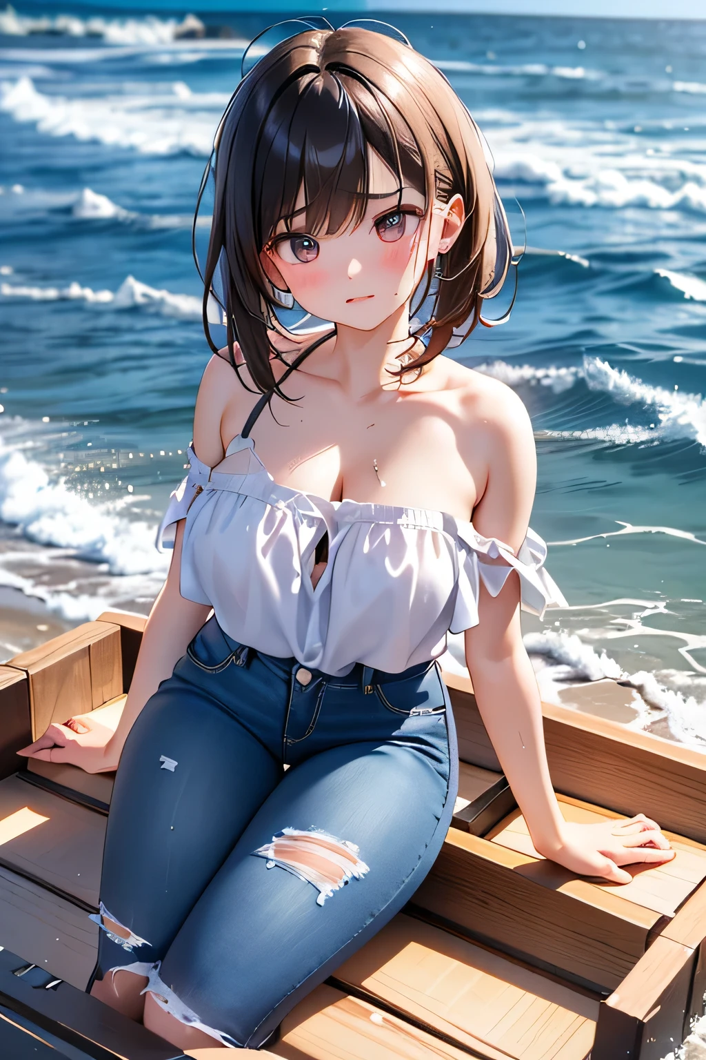 Cute Thai girl with shoulder-length dark shaded hair, blue eyes, He is wearing a tight fitting white shirt with a low neckline. (Bust 38 inches), slim fit light blue jeans, Sitting on a bed with a sliding glass door behind, Beach view.
(Highest quality,4K,8K,High resolution,masterpiece:1.2), Super detailed, (Realistic,photoRealistic,photo-Realistic:1.37), High resolution, 超High resolution, Studio Lighting, Very detailed explanation, Professional, Vibrant colors, Bokeh, Portraiture, Beach Color.