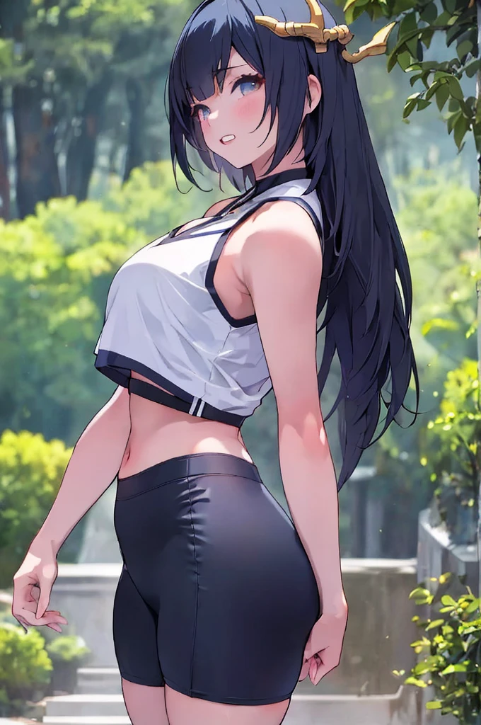 1girl, 1girl hinata full body, Hinata Hyuga, Hinata Hyuga naruto shippuden, hyuga hinata, (anime: naruto), adorable, female body, perfect body, fullbody, lavender gentle eyes, dark blue hair, dark blue long hair, beautiful, perfect body, gym clothes, flex leggings, matt-black flex leggings, leggings matt-black, croptop, cropped shirt, beautiful woman body, hinata, ultrasharp, 4k picture, highly detailed, stunning