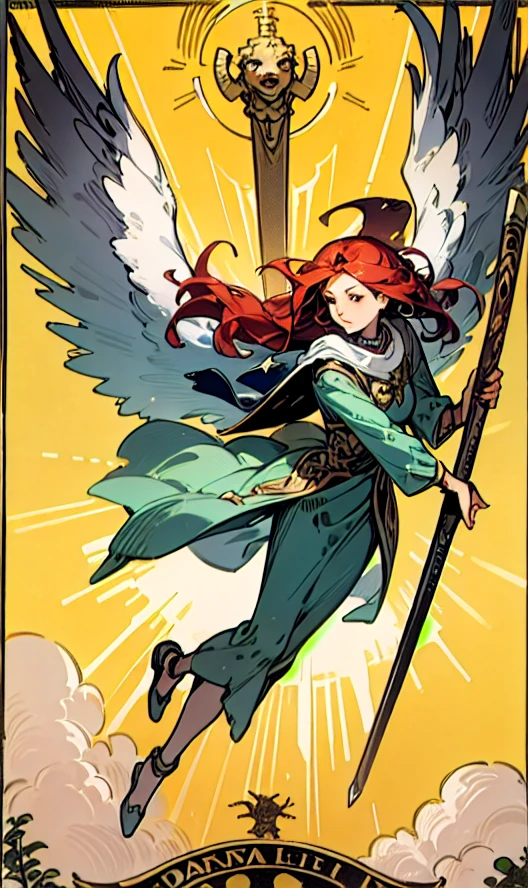 priestess of fire with horns and large angel wings green and red clothes with military boots