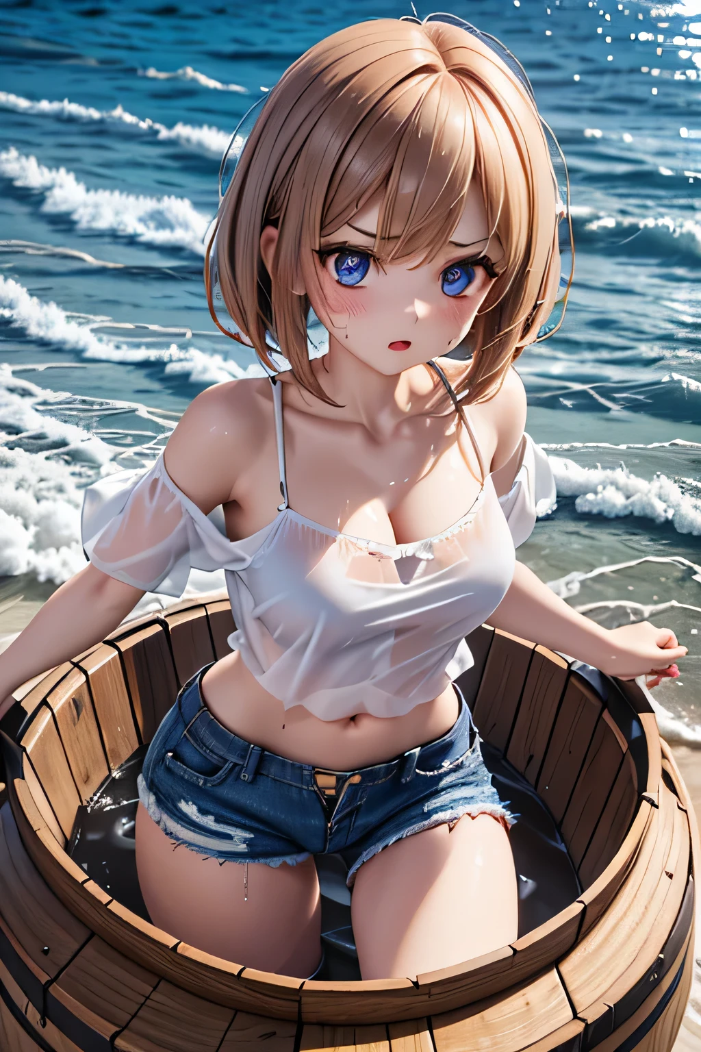 (tmasterpiece:1.4,best qualtiy),(Complicated details),Unity 8k壁纸,((hyper HD, retinas, Masterpiece, ccurate, Anatomically correct, Textured skin, Super detail, High details, High quality, A high resolution, Best quality, Award-Awarded, 16k)),ultra - detailed,Long wavy,curled,Long waves,Long blonde hair,Purple pupils,((gigantic cleavage breasts)),(Denim vests do not wear underwear,Expose your chest,exposing your navel:1.5),(Super short skirt:1.5),sitting on the stone,The scenery behind you is beautiful,Wide crotch,The photo contains the upper body and thighs,ellegance,womanly,carismatic,Red Jewel,Blush Eyeshadow,Pure desire,((Legs crossed)), Dynamic angles and poses,Dutch angle