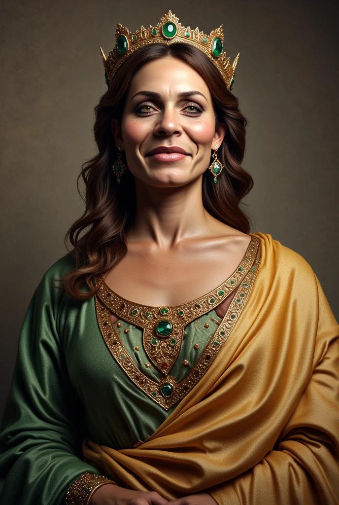 The image features a dead old queen in full attributes, depicted as a mummy. She is wearing a crown and a necklace, with a gold crown on her head and a gold necklace around her neck. The mummy's face is skeletal, and she appears to be wearing a gold and black dress. The scene is set in a dark environment, with a black background and a few lights illuminating the mummy. The overall atmosphere of the image is eerie and mysterious, as it captures the essence of a long-deceased queen preserved in her tomb. (controlnet_mode:canny  juggernautXL_v5, sdxl-1.0.0.9. safetensors, SeargeSDXL4.2-Llama2 prompt)