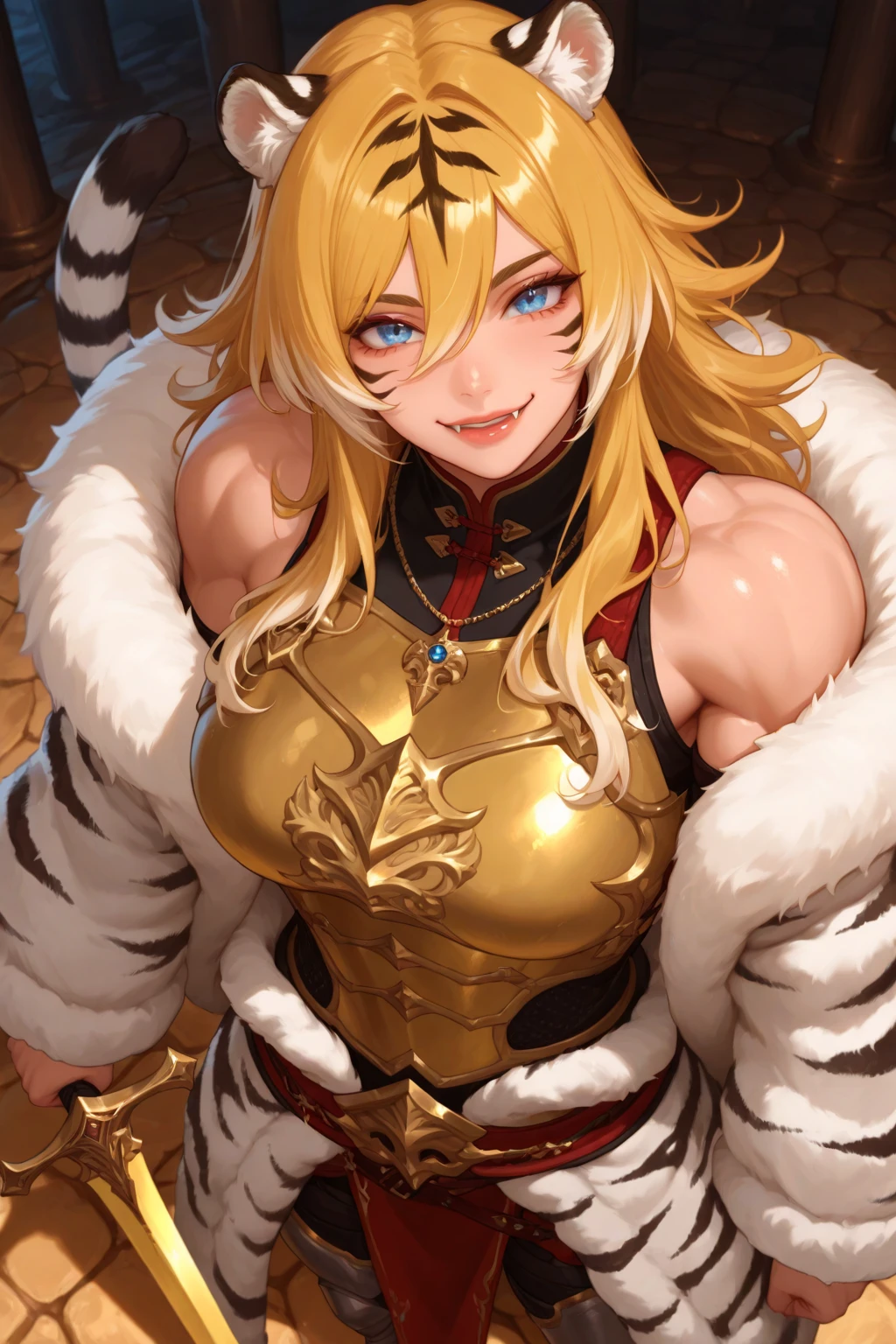 (Golden hair:1.2,Russian elements,Tall, Burly figure,Strengthen muscles,pelt coats,Warriors)(Burly woman,Scar)