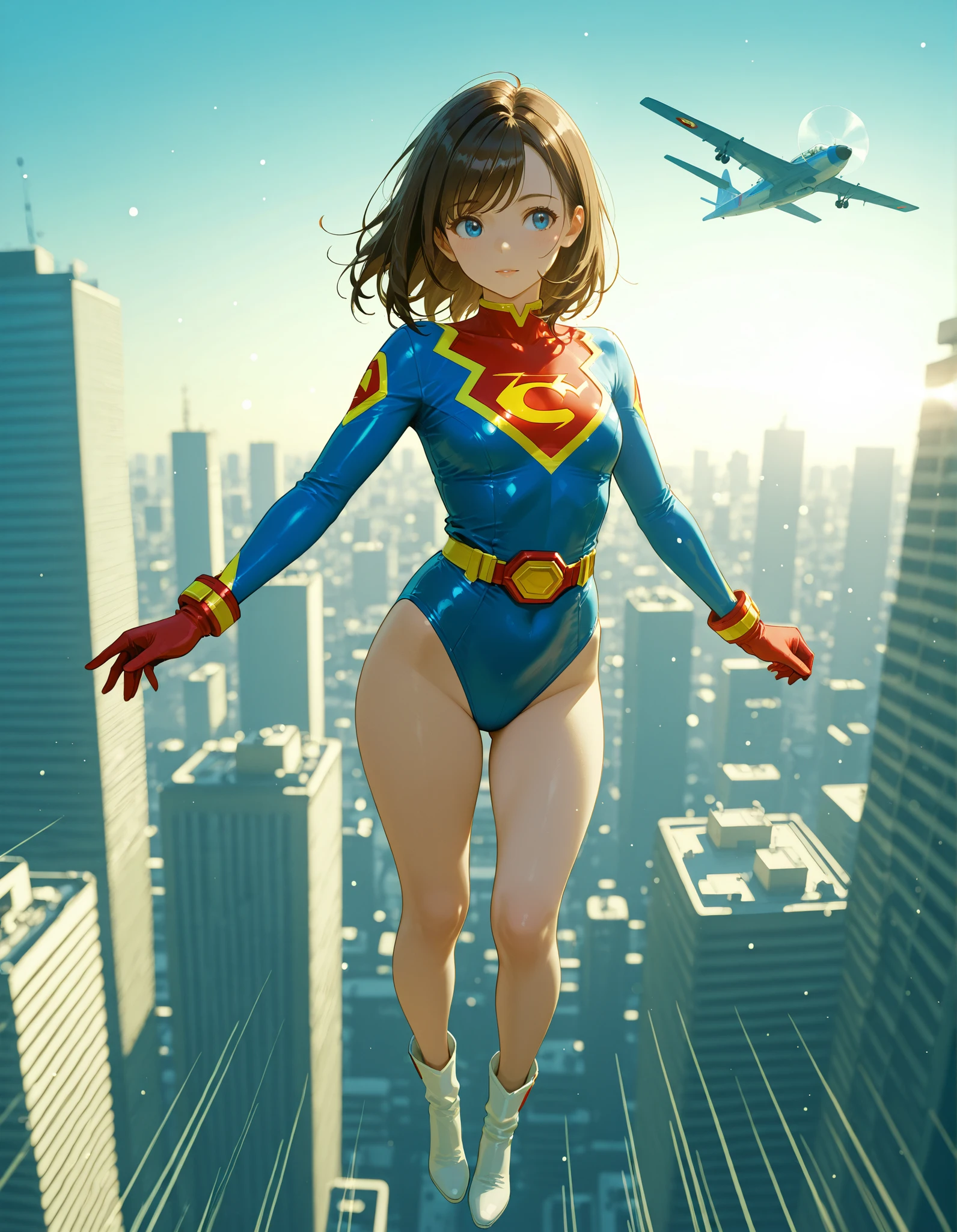 ((masterpiece)), ((best quality)), ((highres)), ((dynamic flying pose)), 1girl, solo, superhero, bare legs, (leotard), city backdrop, knee boots, perfect hands