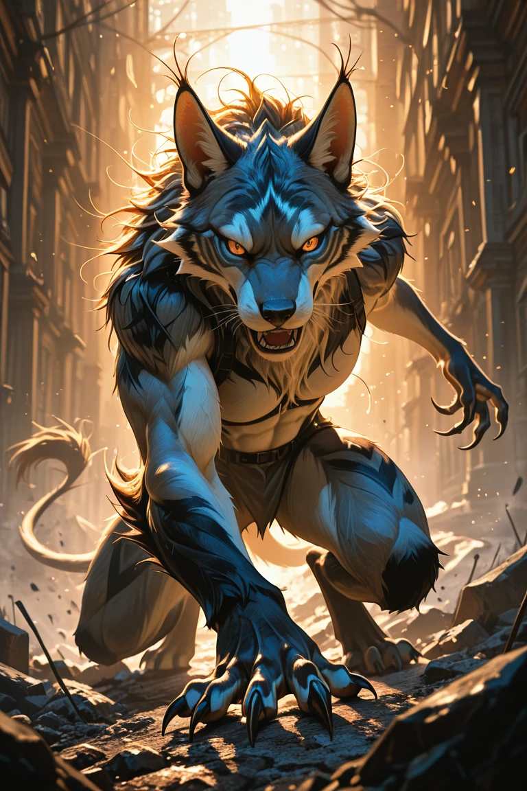 closeup, anthro furry black hare female assassin, thin, slender, small breasts, (black fur:1.3), green eyes, (naked), topless, fierce, (dynamic pose), (throwing pose), (flying poison darts to the camera), (ruined city background), (by hioshiru and kenket and Ruan Jia and Bayard Wu)