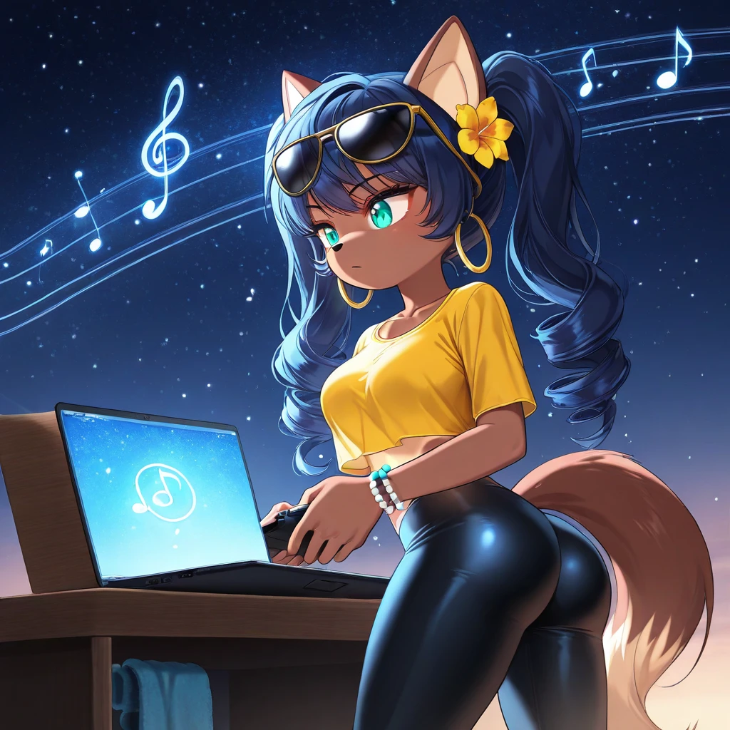 Solo, score_9,score_8_up,score_7_up, source_cartoon, source_furry, vinyl scratch mlp, Anthro furry unicorn, female, naked, cutie mark, wearing sunglasses, indoors, leaning on a turntable, legs spread, lifting a tail, rear view, in a studio, grinning