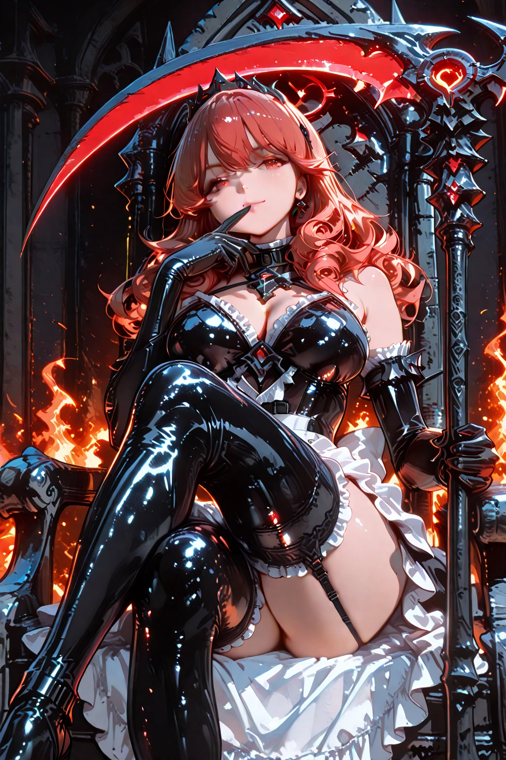 Majestic biomechanical female vampire, blood red hair, wearing gothic leather jacket, black eyes, blood on her teeth, skin tight clothing, plunging neck line, raining blood, standing with arms wide open in front of a detailed blood moon, white skin, blood red lipstick, blood red hair, ultra high resolution, 8k, intricately detailed, Ornate and complex designs, hyper realism --auto