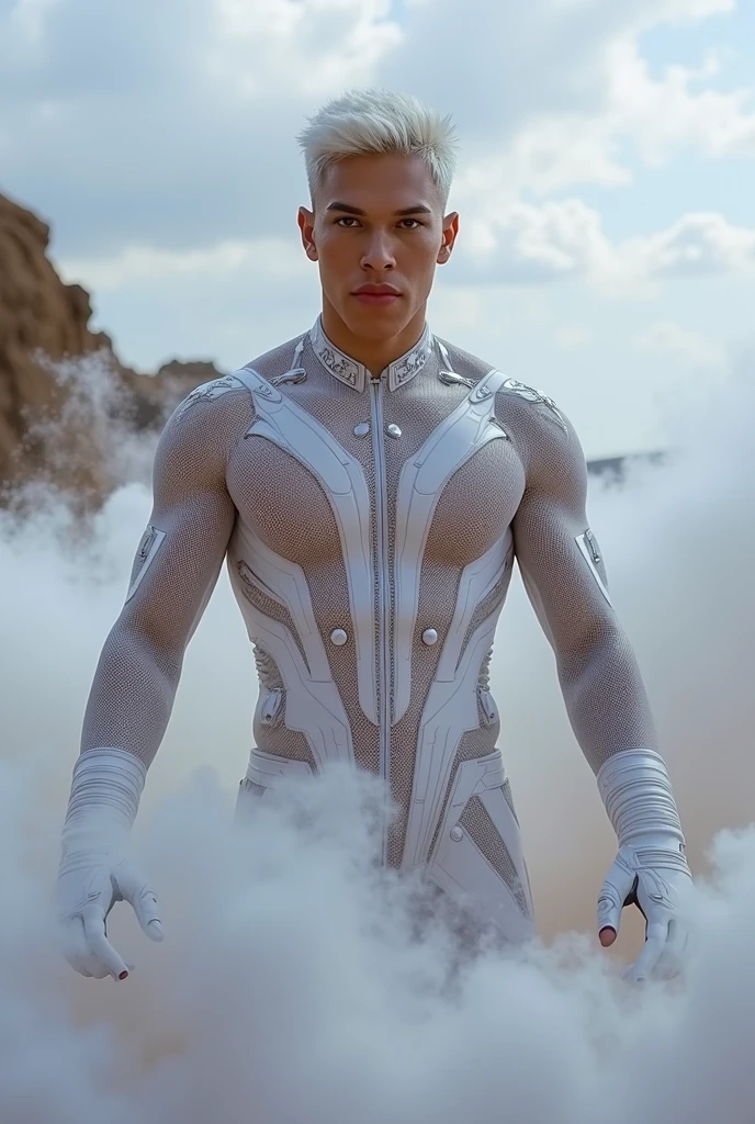 Full body photorealistic handsome hunky masculine Legion white messy haired fractal white skinned Jack Frost,,unreal engine, extremely attractive male wearing white scales transparent mesh latex spandex,, with belt and gloves,, extremely masculine physique, intricately detailed, super bulge, realistic skin, short tousled hair, futuristic snowy city as background