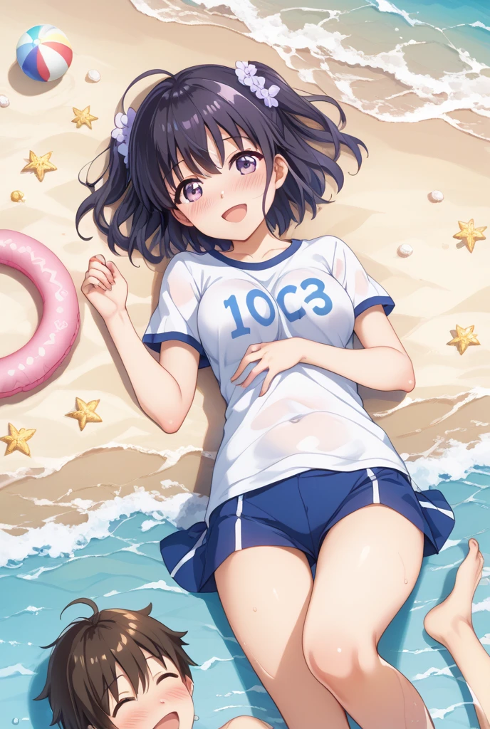 masterpiece, extra limbs, 1girl,8years old, black straight hair, tareme brown eyes, pregnant,(((delighted))),(wet), ((white school swimsuit)),wariza,arms behind head,beach ,high angle,pov