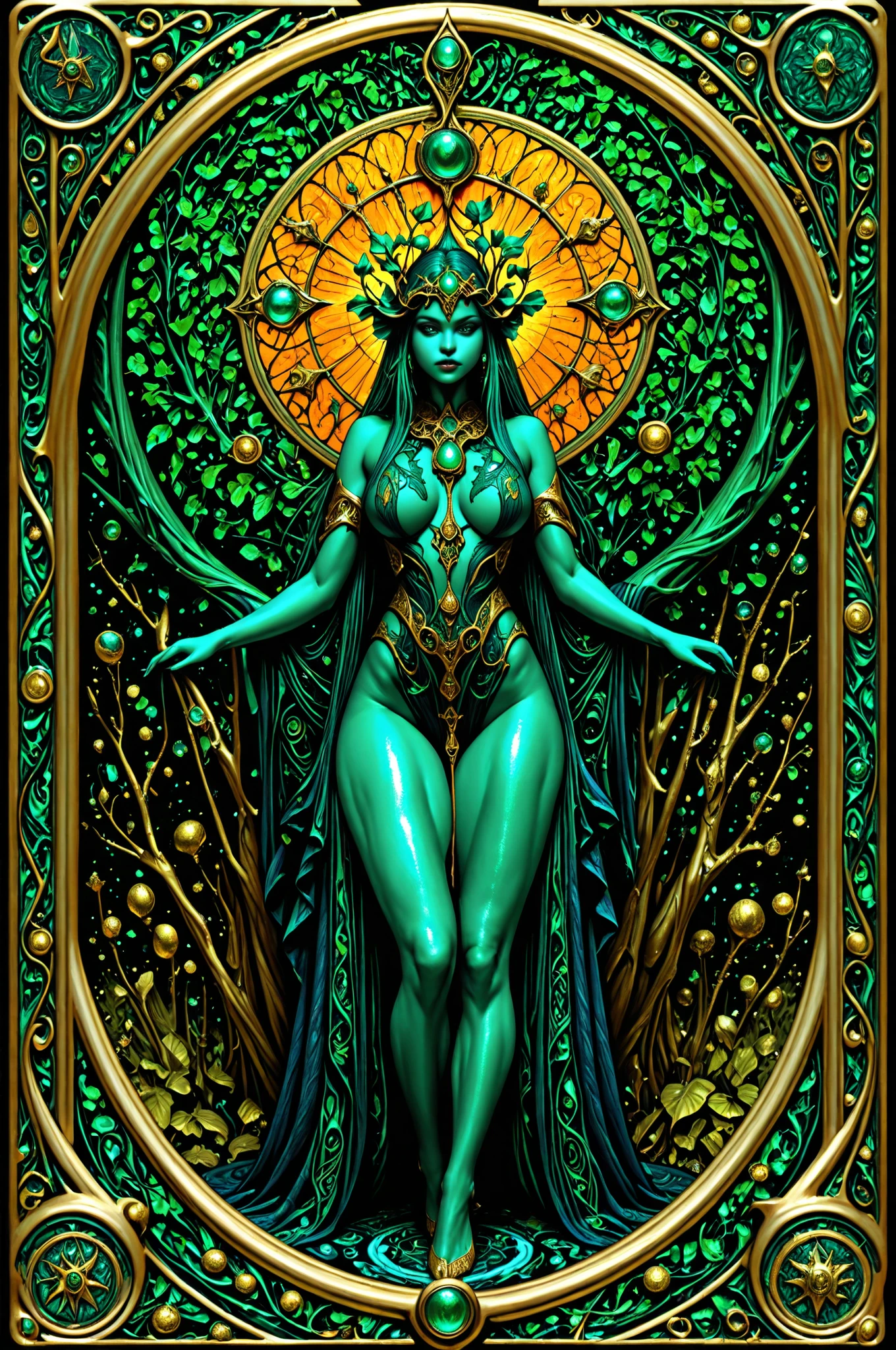 Beautiful line art photo，Use gold strokes and rainbow paint，Golden Maiden，the golden ratio，Melted wax，Visible brush strokes，surrounded by crystal spheres，3D Mosaic Wireframe，neuroimaging，neurons，The Tree of Life，colours，California，intense emotion，oil on the canvas，Thick strokes，insanely details，8k ultra high definition，tmasterpiece，art stations，ultra-realistic realism，Plant Witch，Vine Queen，Witch of Thorns