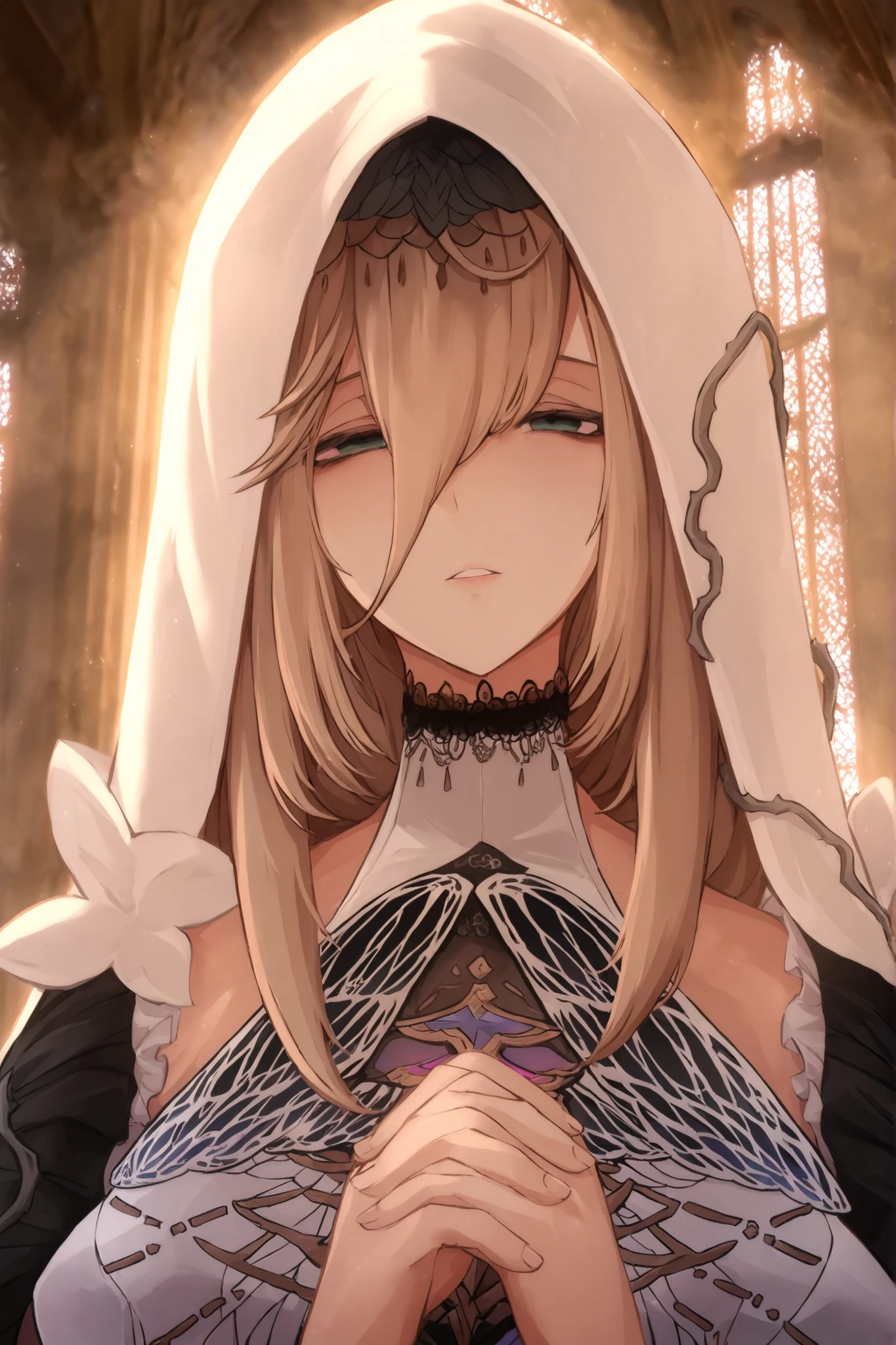 ((apenas)), (aponia :1.2), Aquecer, Aponia saying a prayer, Linda mulher, cabelo dourado , cabelo longo, cabelo desgrenhado, sidelocks, levado, olhos azuis , olhos brilhantes, seios grandes, upper body, ao ar livre, ridiculous masterpiece, cor quente, alto contraste, It's an extremely absurd scenario inside a temple alone, sem bug, sem erros, sem deformidade