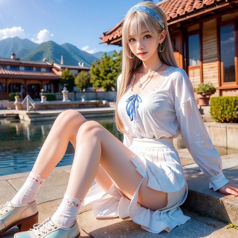 ((Detailed face, cute face)),(She wears a long white embroidered skirt, a red blouse with lace, a white apron tied around her waist, blue socks, brown leather shoes. She wears a blue scarf on her head. Yes, her accessories include a necklace, earrings and a bracelet. (Super long straight hair with shiny platinum blonde silk, beautiful shiny bangs, big clear sky blue eyes, very beautiful and bright eye highlights), 1 girl)), Ultra High Resolution, (Realistic: 1.4), RAW Photo, Best Quality, (Photorealistic Stick), Focus, Soft Light, ((15 years old))