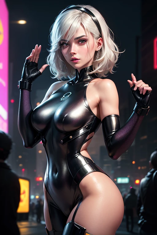 (full bodyesbian:2)，(1girll:1.3),(view the viewer:1.4)，(anatomy correct:1.5),(Now in the square,:1.35),(Polished zen platform made of rubber:1.5),(Pointed-toe flats :1.1)，(A woman who is，Huge breasts, and slender waist:1.4), (Light particle effect:1.3),(In pink | amarelo | blue colors| green color |red colour | white colors| black in color| purpleish color| greys| Beige| Flesh color 1.4)，(Glowing eyes:1.3),(Large amplitude action: 1.3)，(Accurate and perfect face:1.4),hyper HD, Ray traching, reflective light，structurally correct, Award-Awarded, High detail, Fade-in and fade-out shadow contrast, Face lighting ，cinmatic lighting, Masterpiece, super detailing, High quality, High detail, Best quality, 16k，High contrast,One-piece tights，skinny pants