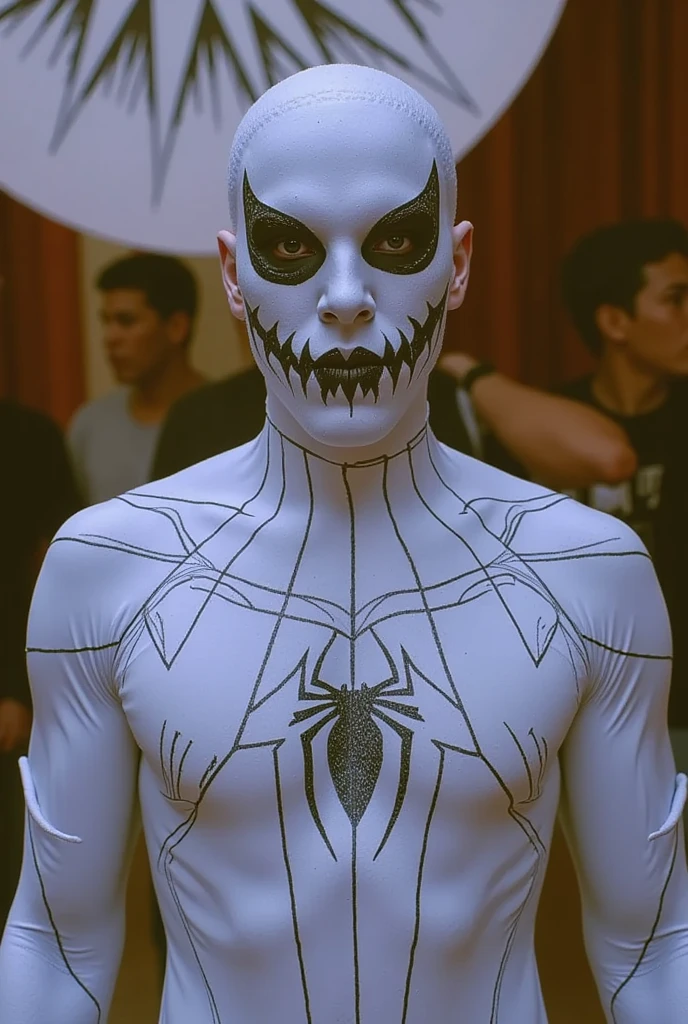 man wearing zentai and full skull mask on a street