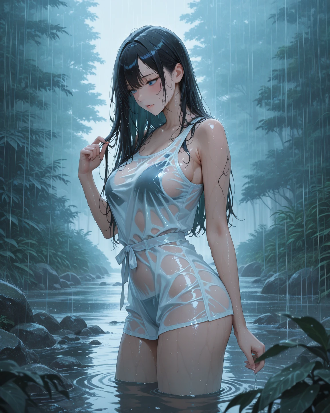 (masterpiece, best quality:1.2), cowboy shot, solo, 1girl, 27 yo peasant woman, smile, looking at viewer, peasant dress, capelet, belt, wet clothes, soaked, dripping wet, wet hair, wet skin, translucent, glistening with oil, fully clothed