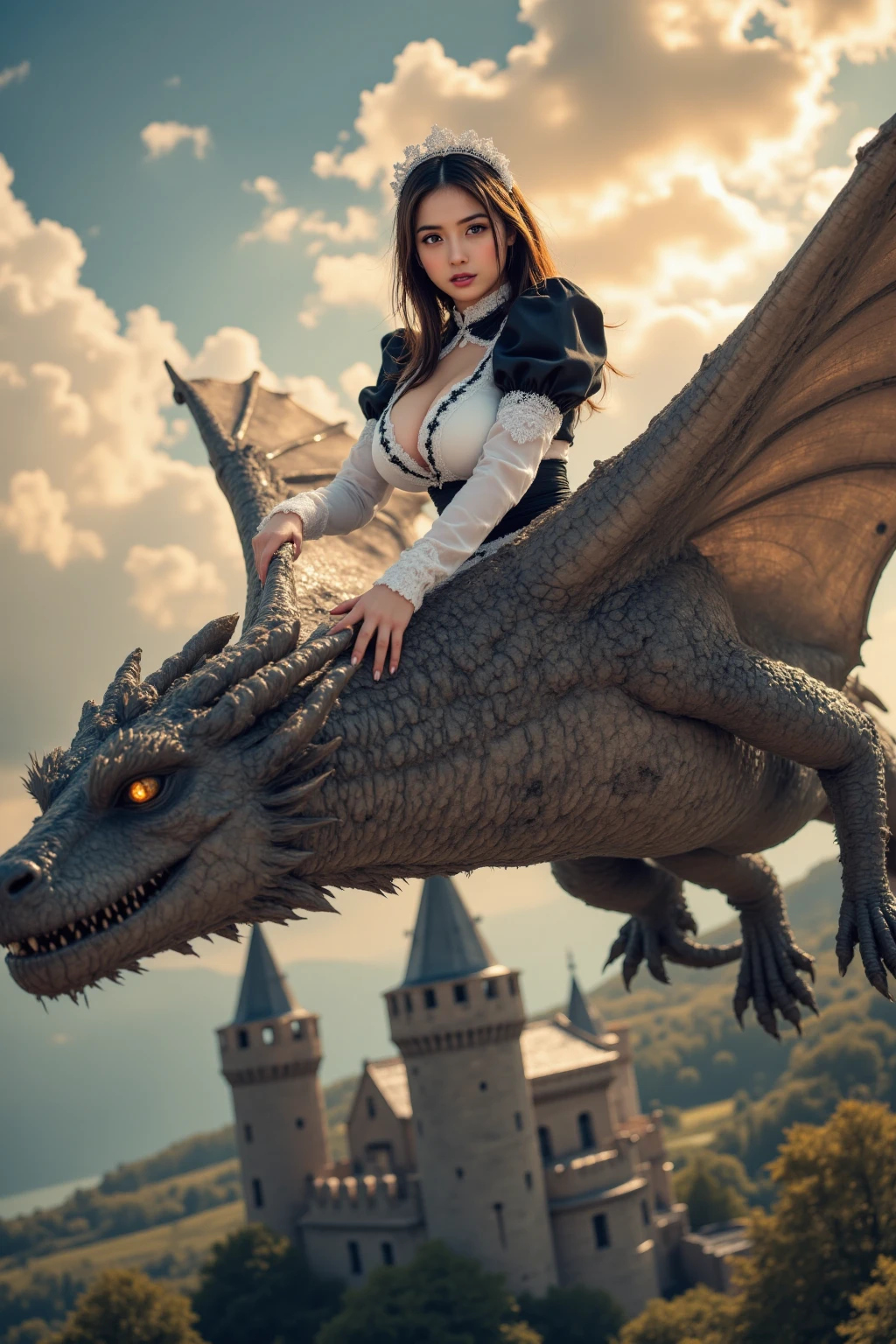 Girl with short brown hair riding a red and black dragon