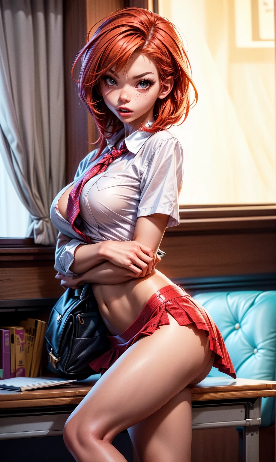 , (nsfw: 1.06), 1girl, solo, accentuated super huge enormously gigantic breasts, looking at viewer, (long neon red hair, bangs, beautiful eyes, neon red hair:1.2), white thigh high socks, sexy, seductive, (lying), closed mouth, mini thong, unbuttoned school girl uniform and lifted plaid school girl skirt, full body , micro mini lace bra showing, perfect cameltoe showing, indoors, spread legs open, cleavage and underboob showing, glossy lips, mini thong showing, pubic hair showing, school classroom, realistic, horny, on the floor, sex appeal, cute, photo taken from above, (unbuttoned school girl uniform and lifted plaid school girl skirt, armpit bottom, mini thong showing, horny facial expression, very sexy, sexy seductive slutty pose, full body, legs spread open)