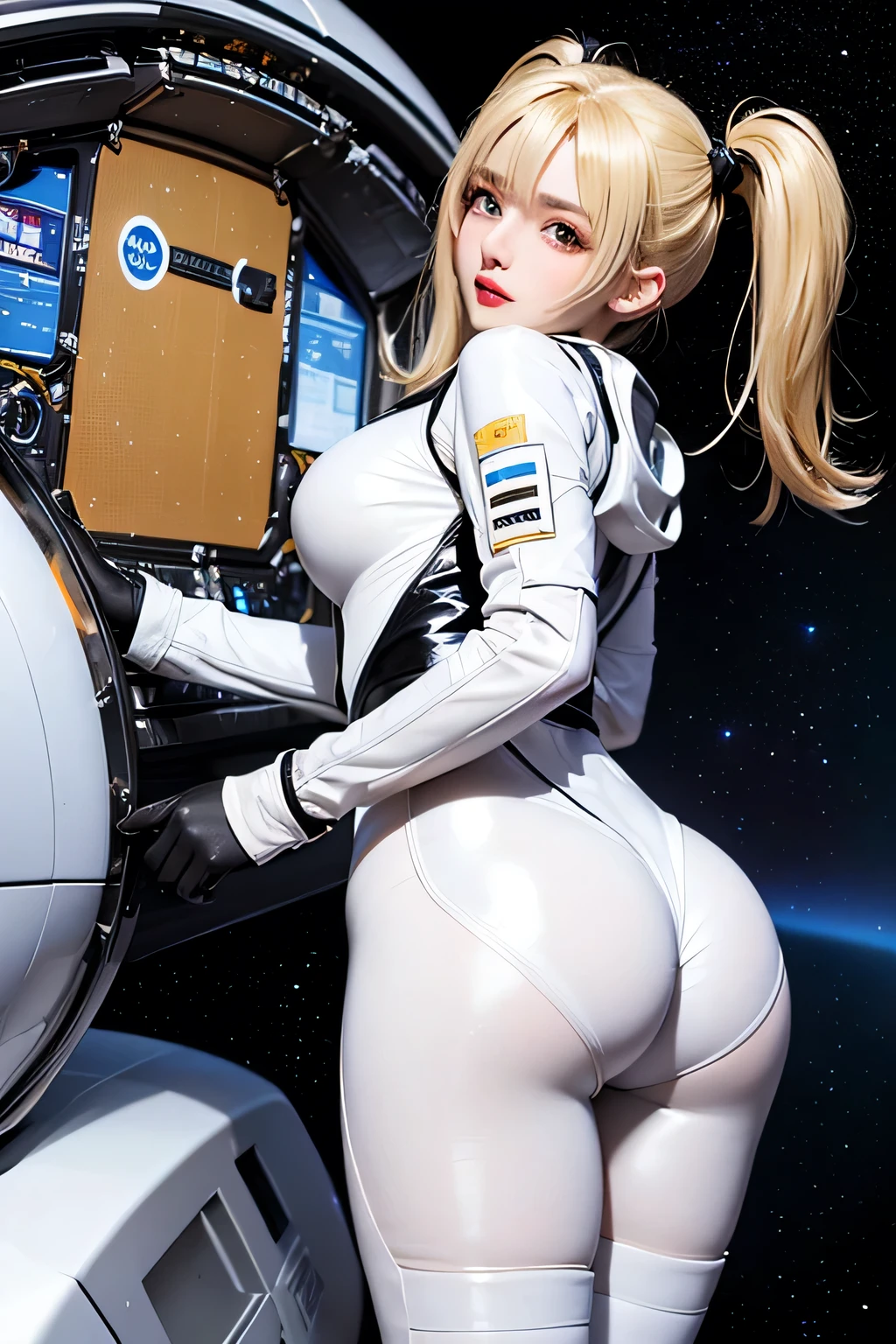 Big butt astronaut, with huge breast and a narrow waist in outer space
