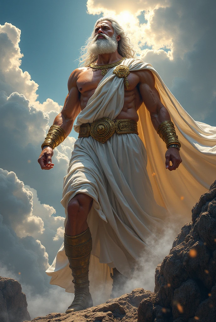 a legendary warrior with divine power, in white robes, with muscles, wielding a sword of light.