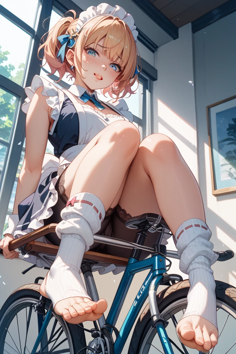 (masterpiece, highest quality, ultra high res, ultra detailed:1.3), 1 cute girl, ideal ratio body proportions, pink medium hair, half twintail, small , from below, front view, yellow baggy tank top, tank top covered , blue denim mini (skirt, white panties:1.4), (sitting, , riding on a seesaw:1.3), view from the other side of the seesaw, , 