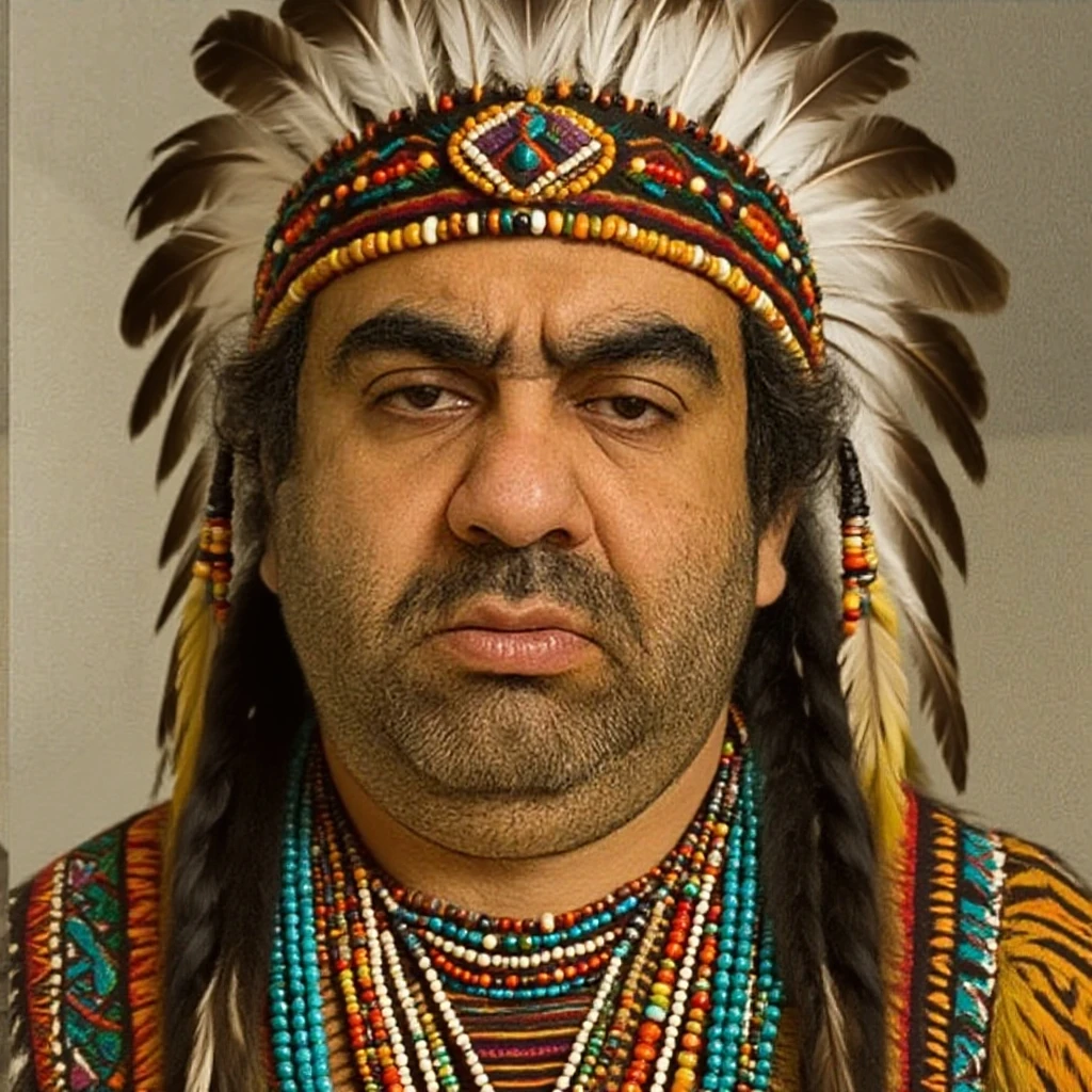high fashion photography of a chubby man as a ((teacher)) with ((mohawk hair)) draped in a (shawl),dressed in red dress,low neckline,sleeveless,smooth texture,event backdrop,logo patterns,green carpet,Kneeling,leaning forward,gaze at camera,eye-level shot,centered subject,soft background,atop a floating sky island,(realistic,photo-realistic:1.37),(straight on:1.2),shot on Nikon D780 with Nikkor 14-24mm f-2.8G,photo by Mathew Brady