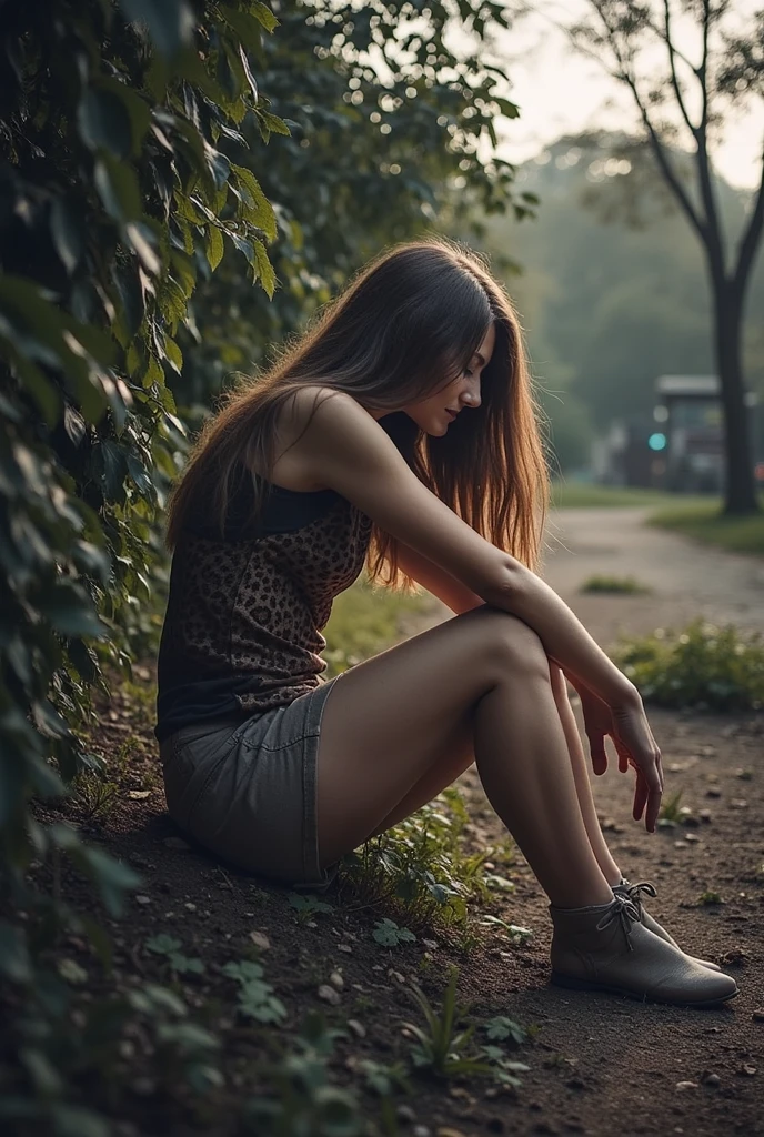 (A drunk teen girl) (peeing & pooping, urgently) Hiding behind bushe beside a parking lot )(Realistic) (peeing and pooping in a corner) (she pulls down underwear and pants to the floor) (squatting down) (pee stains) ( pee dripping)