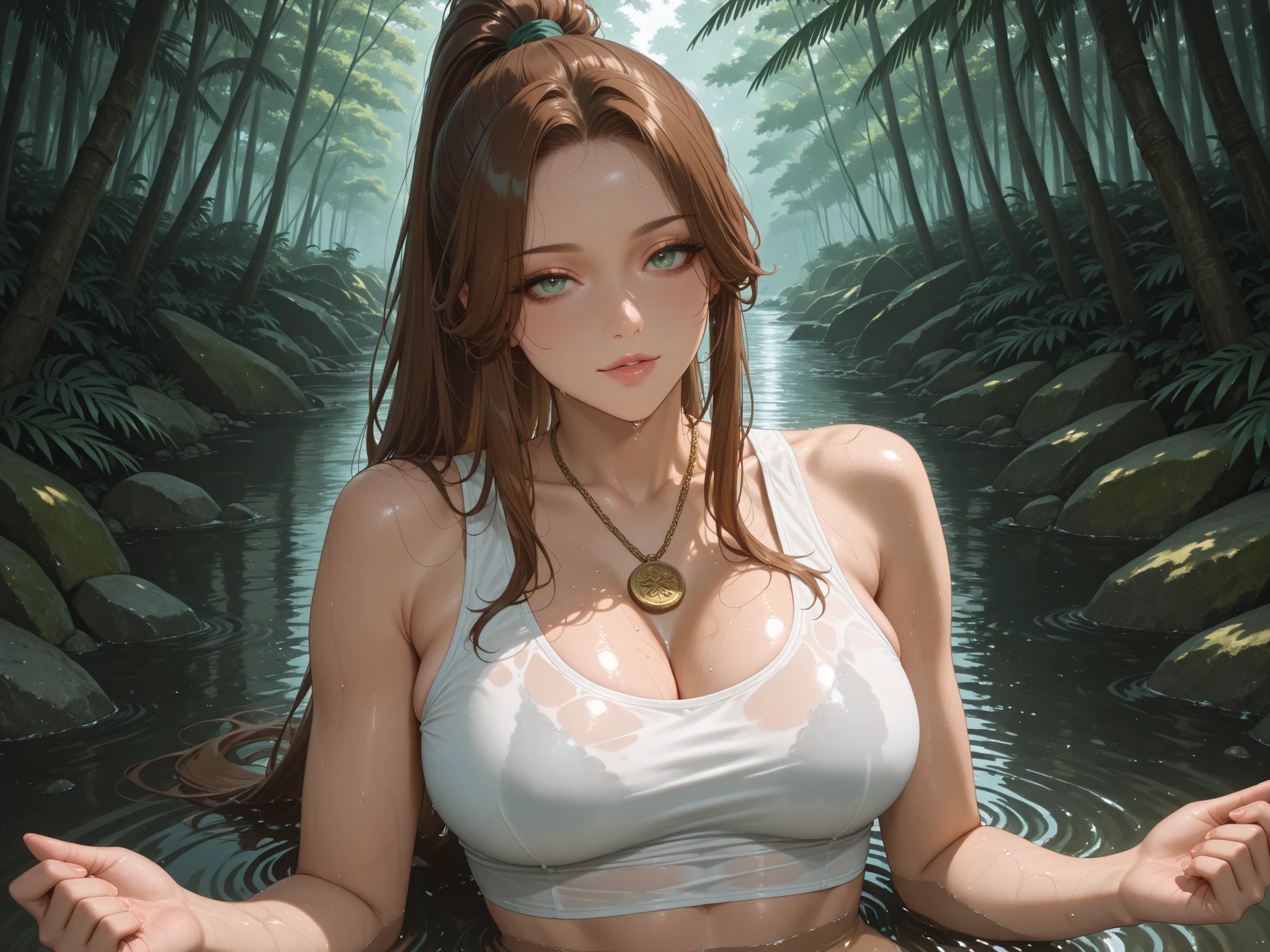 Highest quality}, {so beautiful}, {Very detailed}, {Best illustrations}, Browsing Caution, Realistic, masterpiece, Highest quality, (Beautiful Eyes), Tifa:1.5, Adult Elf Female, short hair、Twin tails、Huge breasts, Sweat, Fantasy、night, Outdoor, In the Dark, Water dripping from the ceiling、Mysterious cave, Anxious expression, Wet Face, Wet body, Earrings,Central opening, 、Camel Toe, Great tit, Nipple puffs, Cleavage, Plump, Mature Woman, Looking up from directly below:1.5,