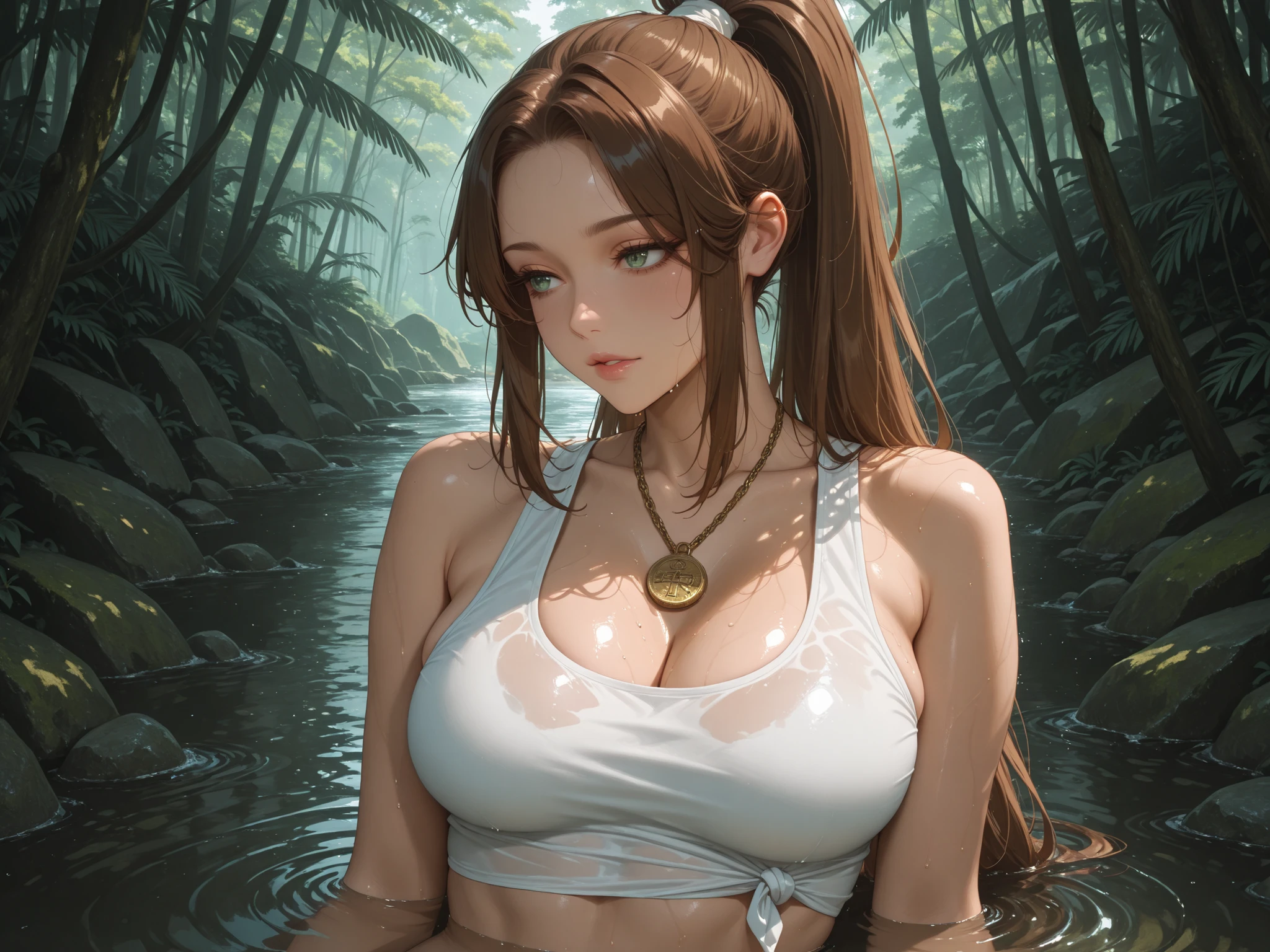 photograph, (overhead view:0.95), Natalie Portman, aged 18, young, giant tall lanky woman, sfw, slim slender arafed woman, soft lighting, symmetric breasts, thick fluffy towel wrapped around breasts, strapless, detailed beautiful bright symmetric eyes, looking away, national park setting, trees, (natural hot springs), (foreground mist), (foreground steam), sky, auburn hair, (big huge enormous massive colossal breasts:1.25), (gigantic sagging breasts:1.25), (hair tied back in single long high ponytail), (deep cleavage), (skindentation:1.25), outside, strong, (muscles:1.25), (bursting breasts:1.25), canon 5d