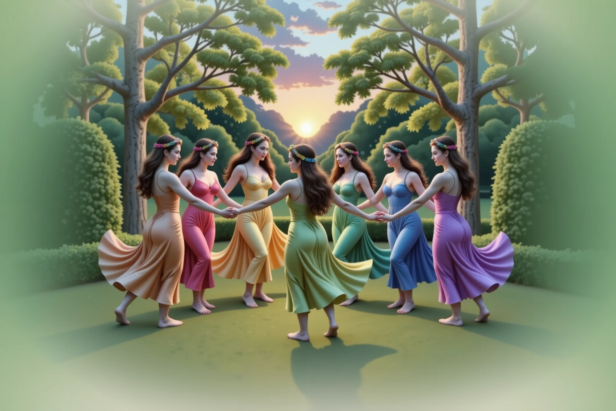 Seven mythological nymphs dance in a circle in a magical clearing in the heart of an enchanted garden, under the twilight sky, with light and graceful movements, forming a circle. Each nymph wears a thin, flowing robe in a different color of the visible spectrum: red, orange, yellow, green, blue, indigo and violet. The robes have petal details and a soft glow. On their heads, crowns of colorful flowers match the tones of their clothes. Behind them, the afternoon sun shines, creating a golden effect that envelops the scene in a magical aura.